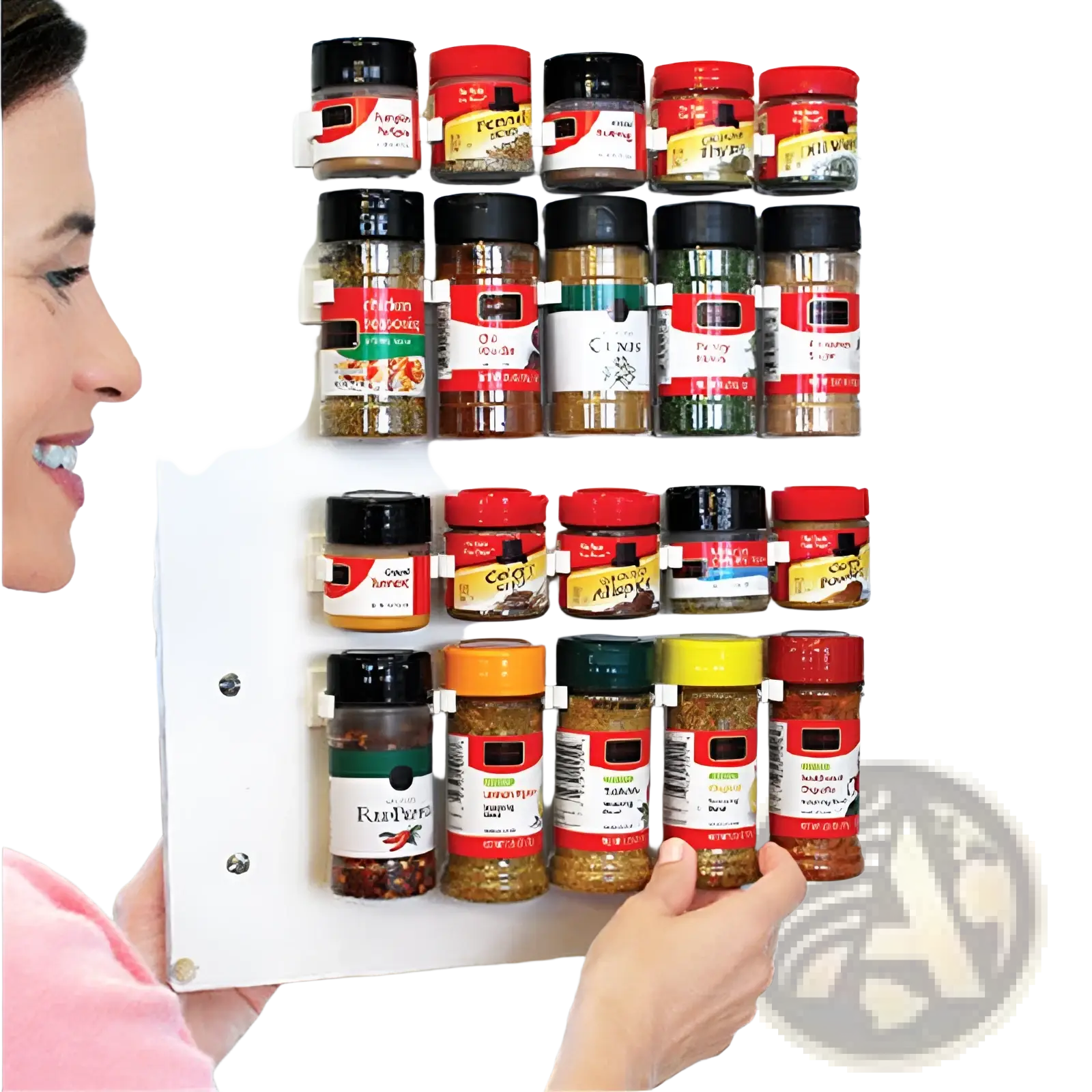 White magnetic spice rack organizer wall mount with adhesive clips holding glass jars with colorful labels and lids