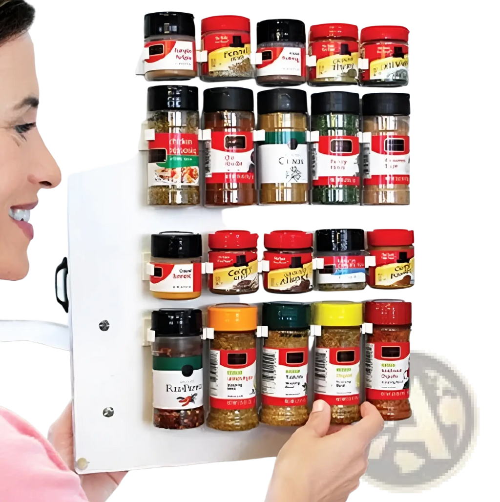 A white magnetic spice rack organizer wall mount with adhesive clips holding glass jars with colorful lids