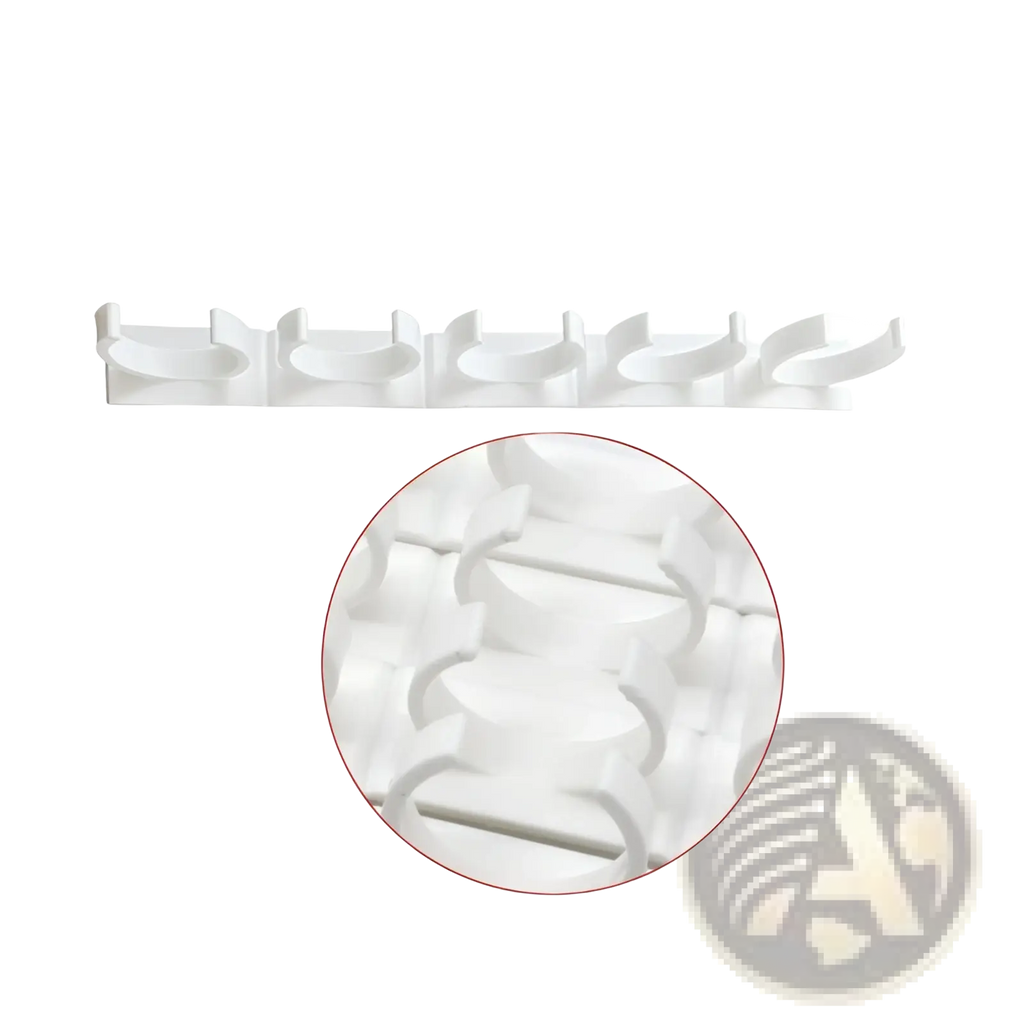White plastic wall-mounted spice rack organizer with five curved adhesive clips for hanging utensils or coats