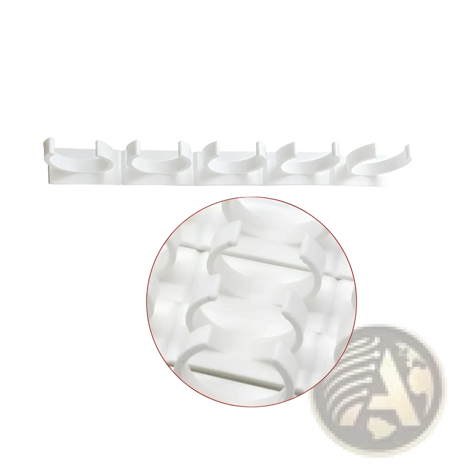 White plastic wall-mounted spice rack organizer with five curved adhesive clips for hanging utensils or coats