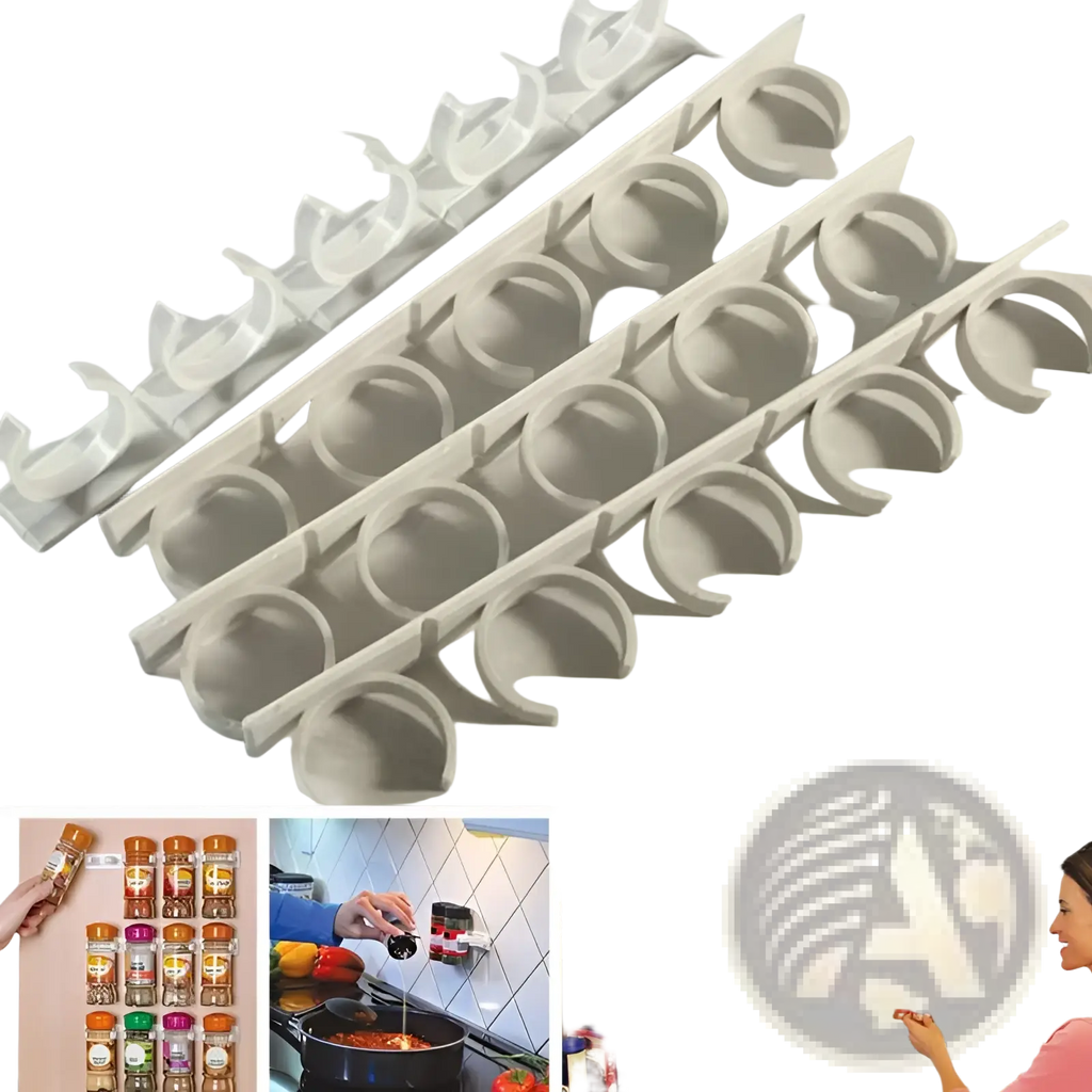 White plastic spice rack organizer with multiple curved slots and adhesive clips for wall mount storage of jars