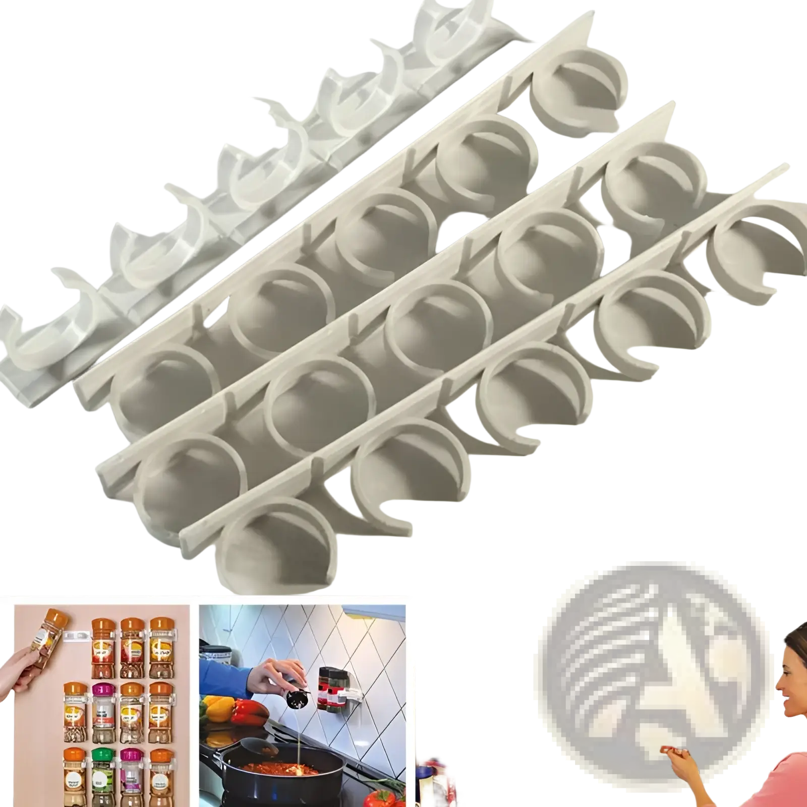 White plastic spice rack organizer with multiple curved slots and adhesive clips for wall mount storage of jars