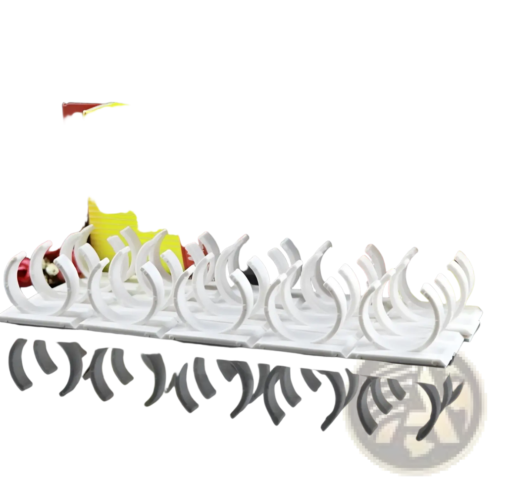 White plastic spice rack organizer wall mount with curved hooks and adhesive clips for clutter storage
