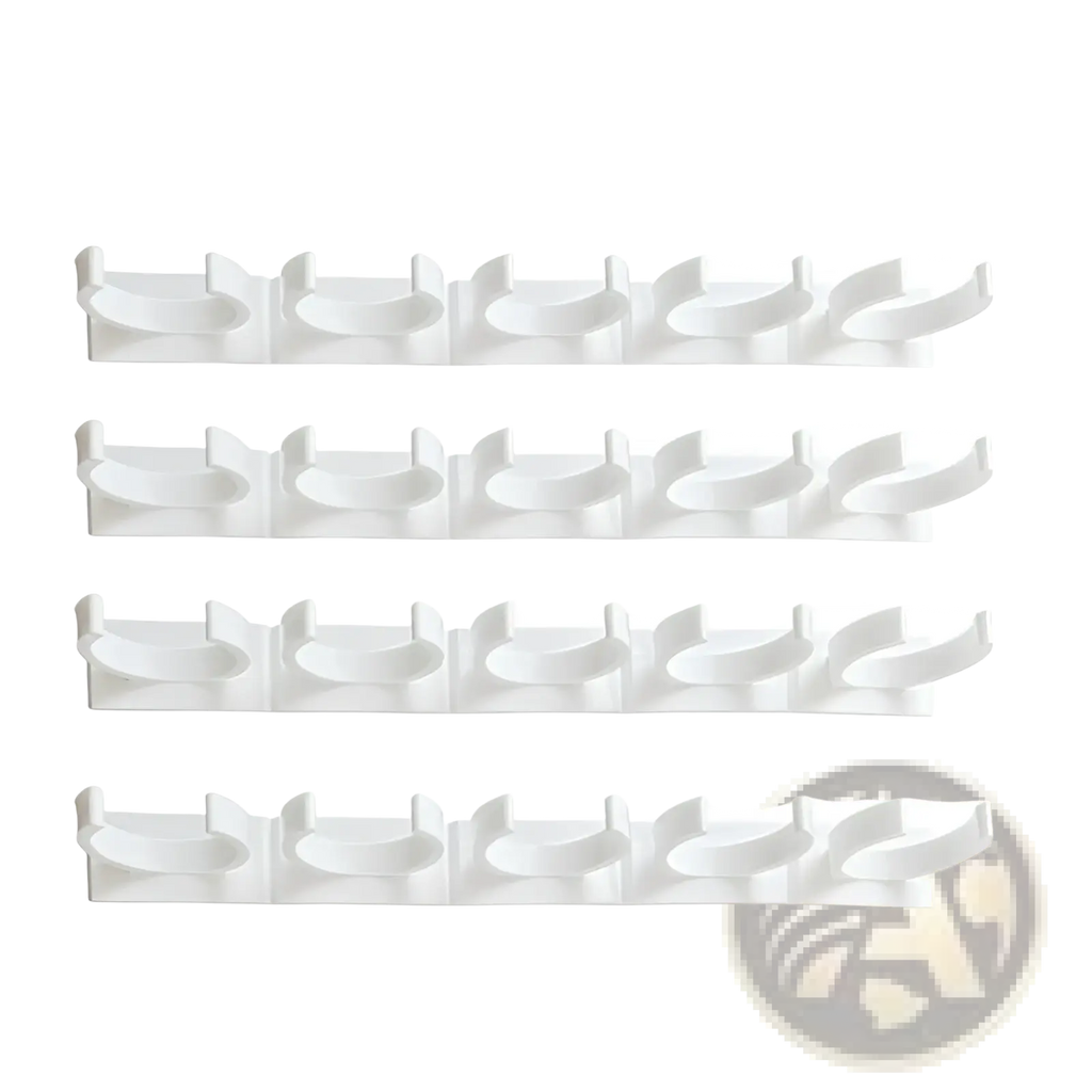 White plastic spice rack organizer wall mount with four rows of curved adhesive hooks for kitchen storage