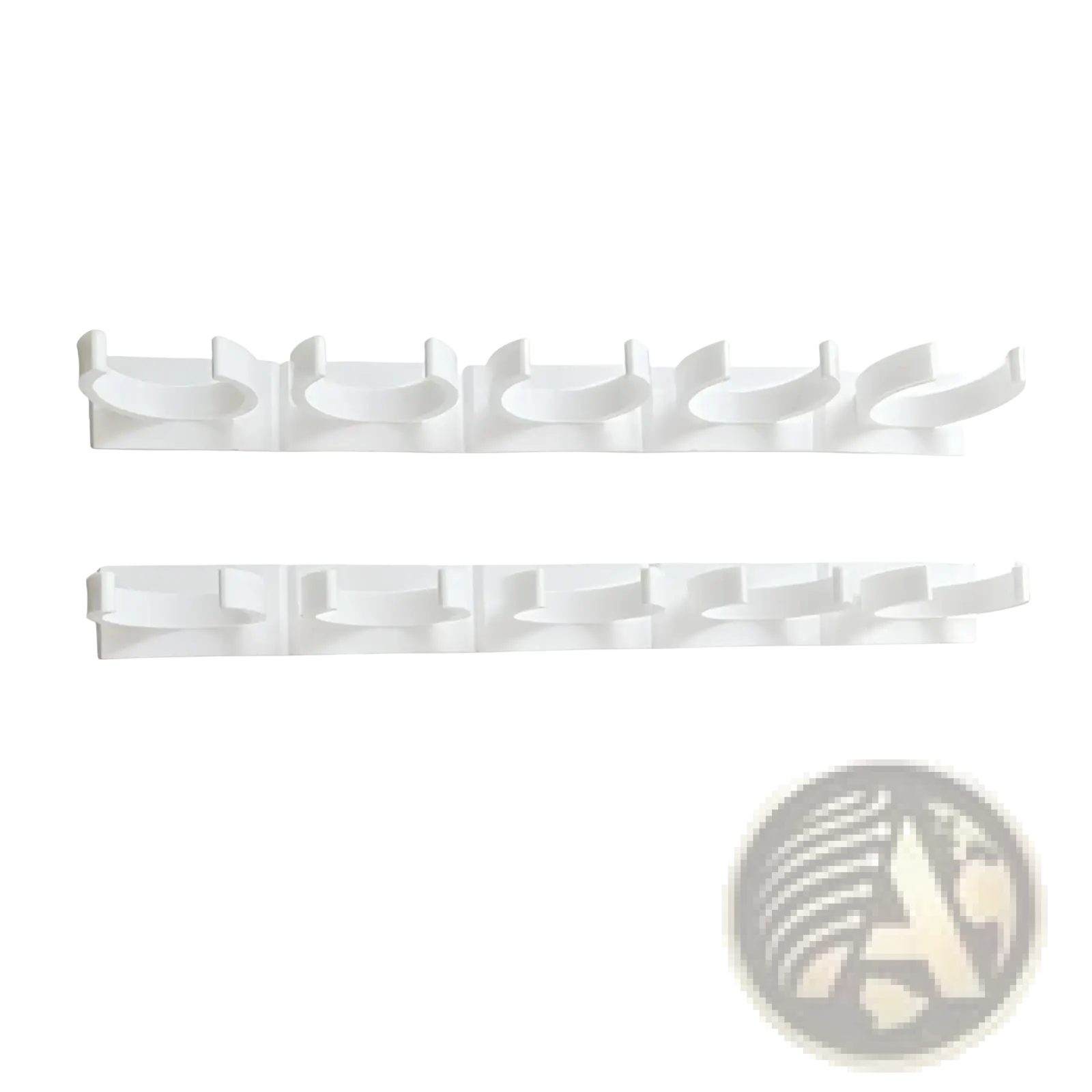 White plastic wall-mounted spice rack organizer with six adhesive hooks for kitchen storage and organization