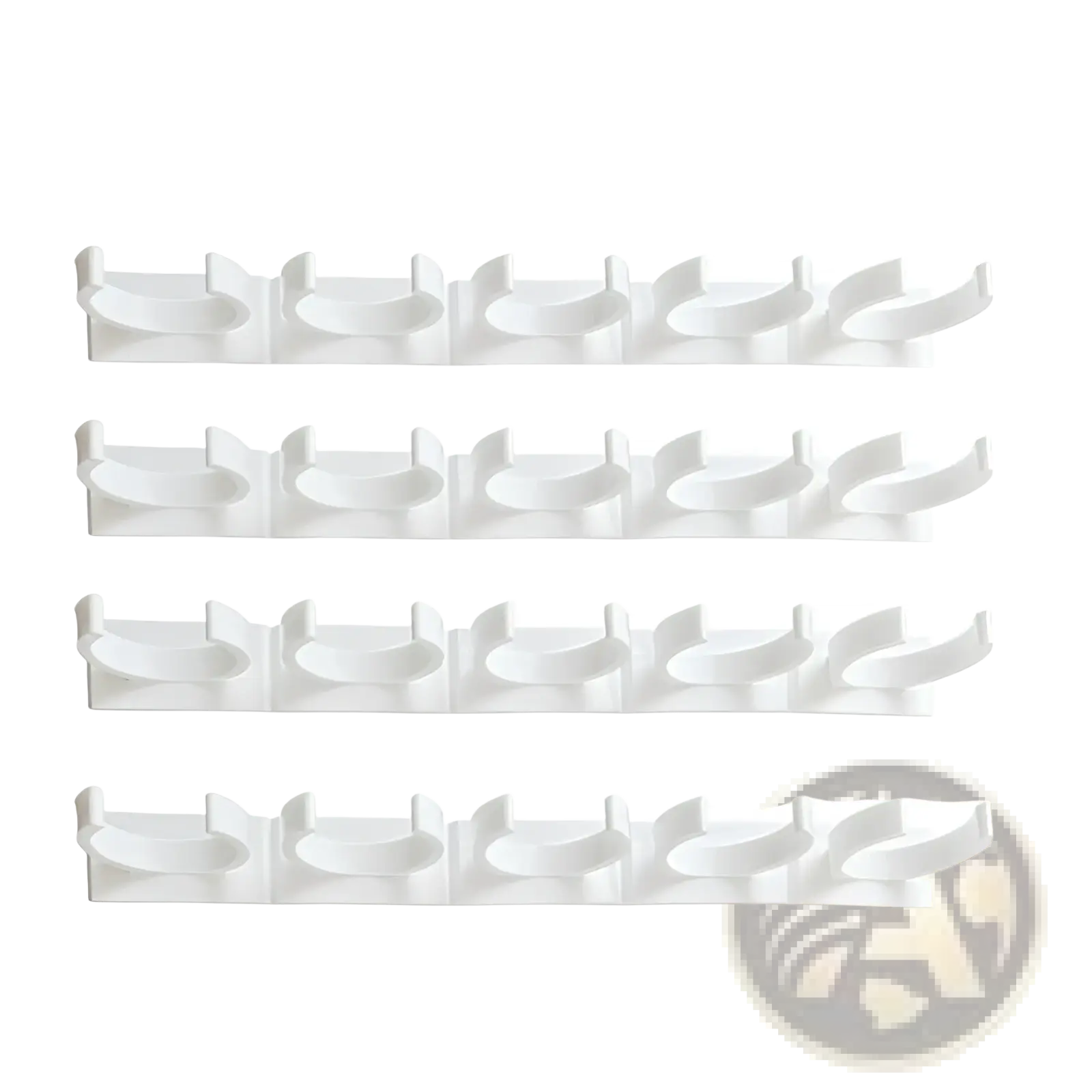 White plastic spice rack organizer wall mount with four rows of curved adhesive hooks for kitchen storage