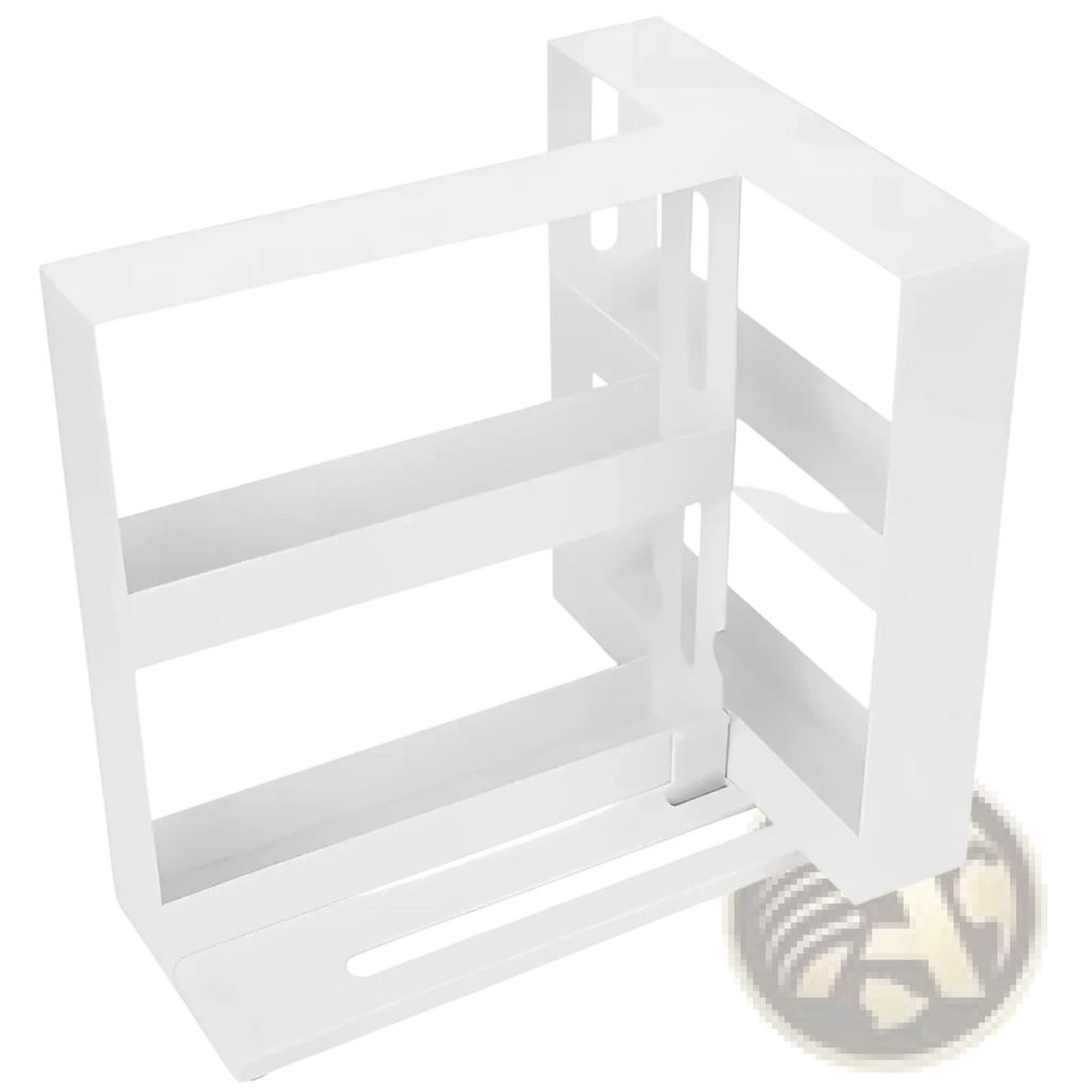 White plastic spice rack swivel cabinet organizer with three horizontal dividers and handle cutout at base