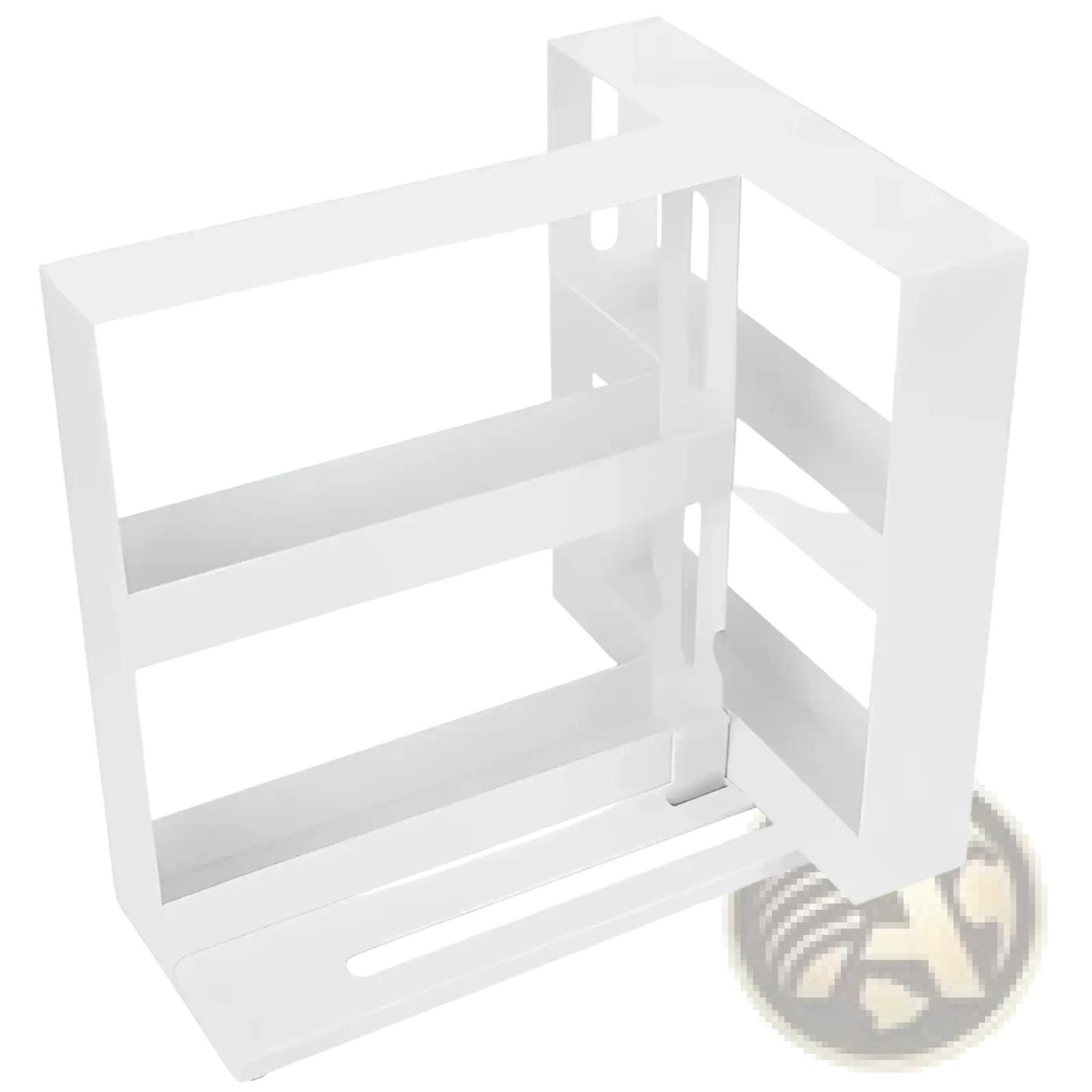 White plastic spice rack swivel cabinet organizer with three horizontal dividers and handle cutout at base