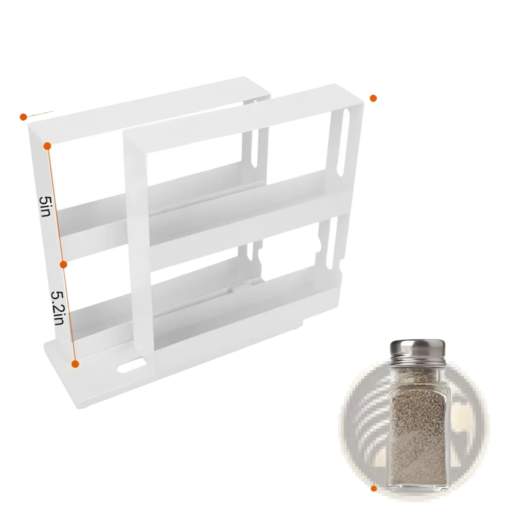 White plastic three-tier spice rack organizer with dimensions and bottle size recommendations for cabinet use