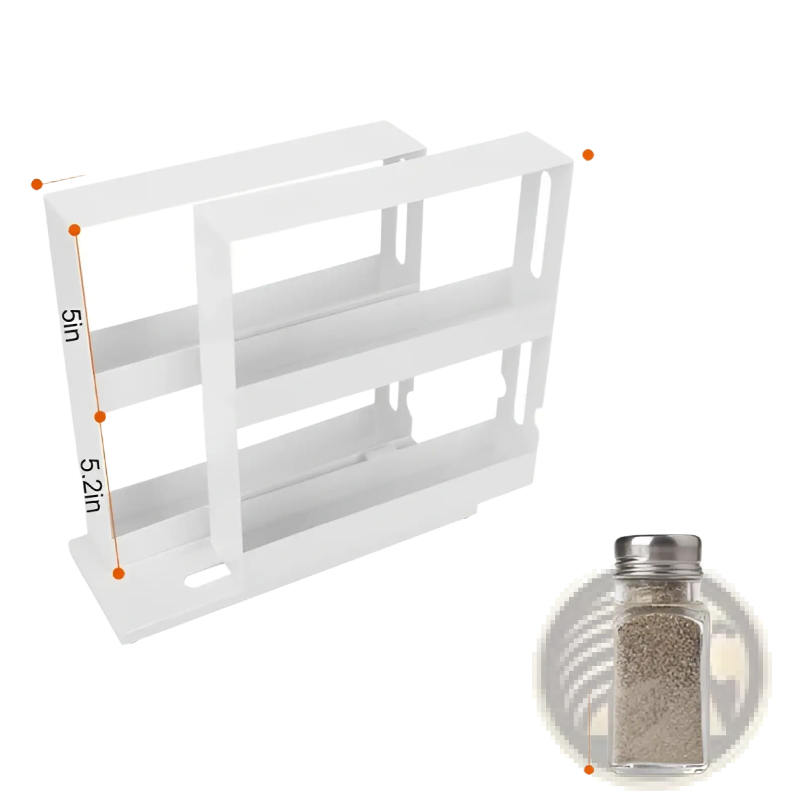 White plastic three-tier spice rack organizer with dimensions and bottle size recommendations for cabinet use