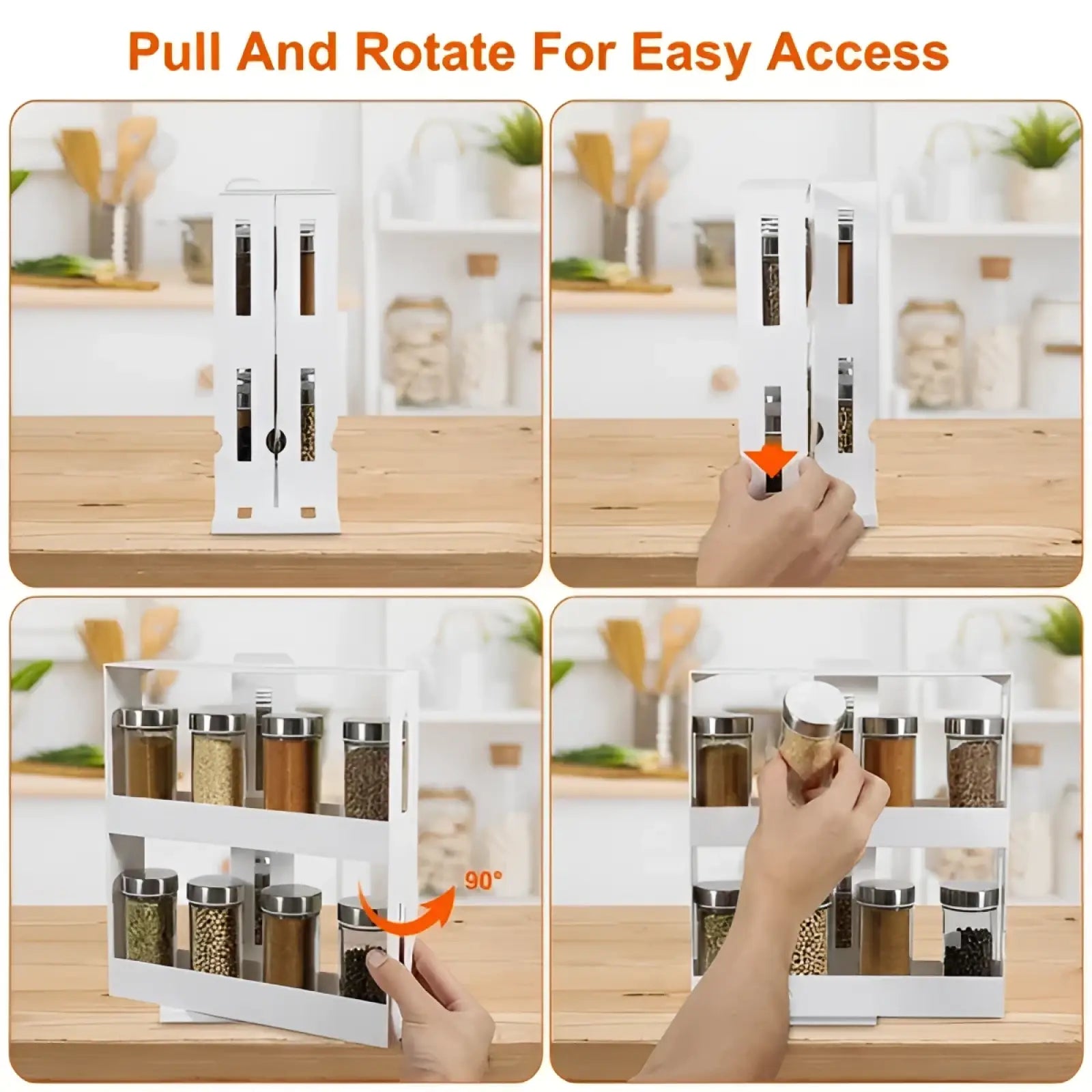 White two-tiered rotating spice rack swivel cabinet organizer with clear glass jars and metal lids for kitchen storage