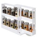 White two-tier swivel spice rack organizer with rotating design holding glass jars with stainless steel lids and black labels