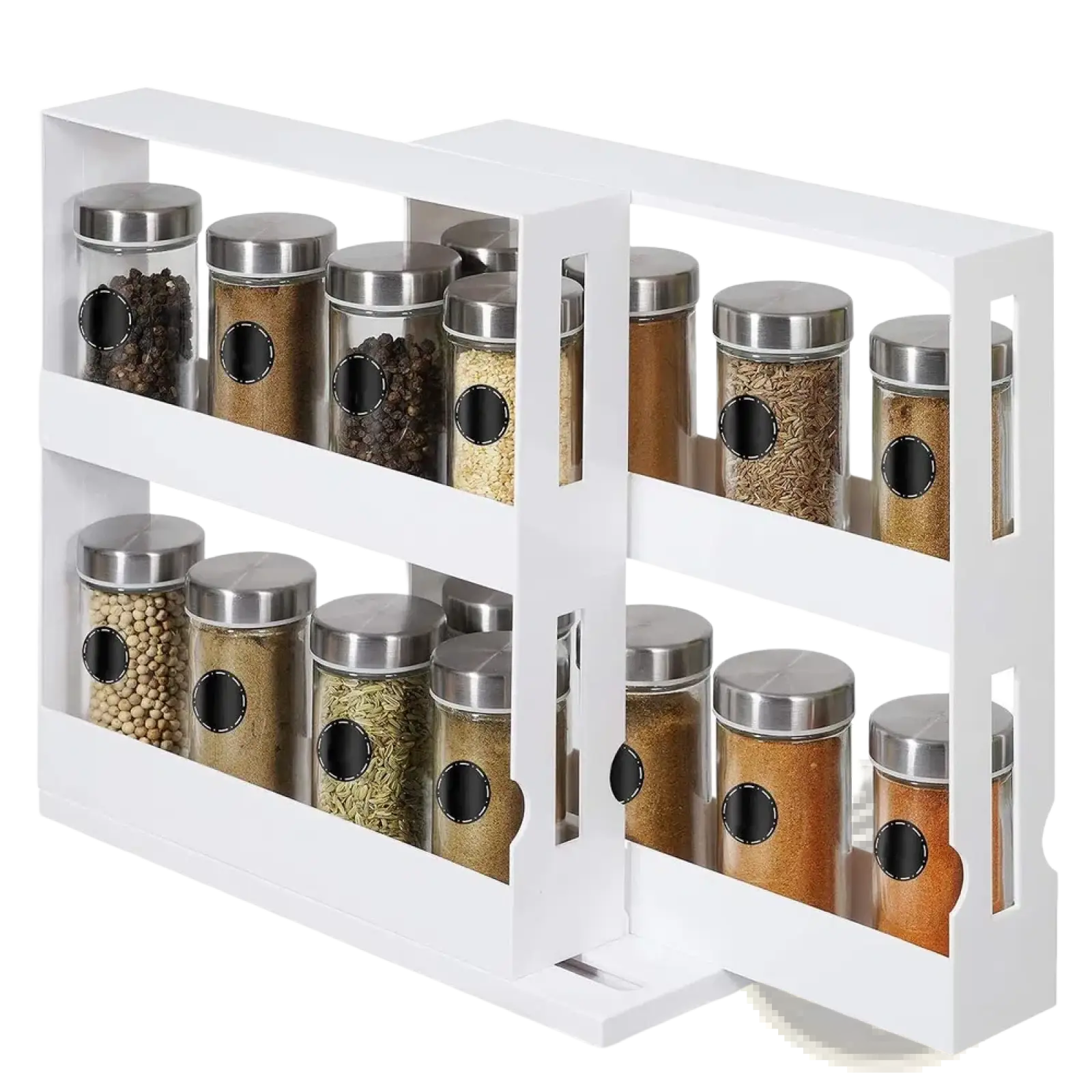 White two-tier swivel spice rack organizer with rotating design holding glass jars with stainless steel lids and black labels
