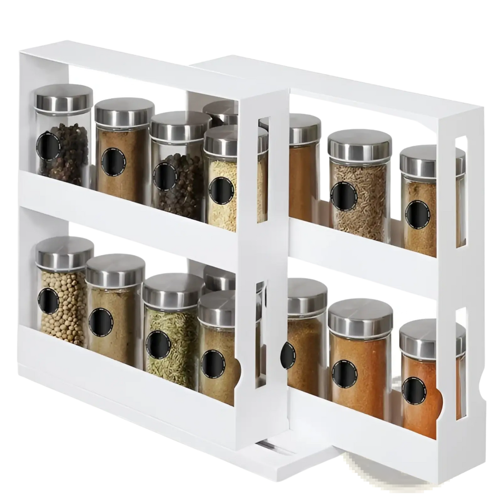 White two-tier rotating spice rack swivel cabinet organizer with clear glass jars and stainless steel lids