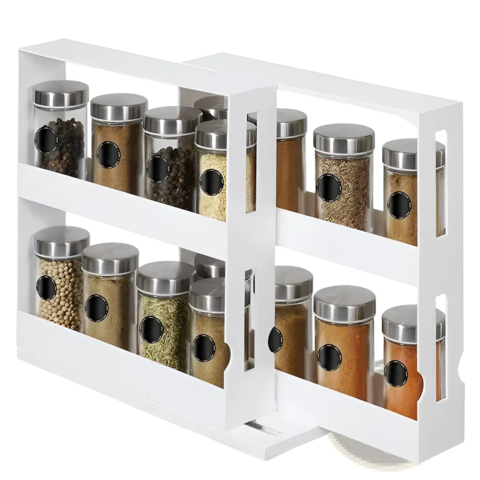 White two-tier rotating spice rack swivel cabinet organizer with clear glass jars and stainless steel lids