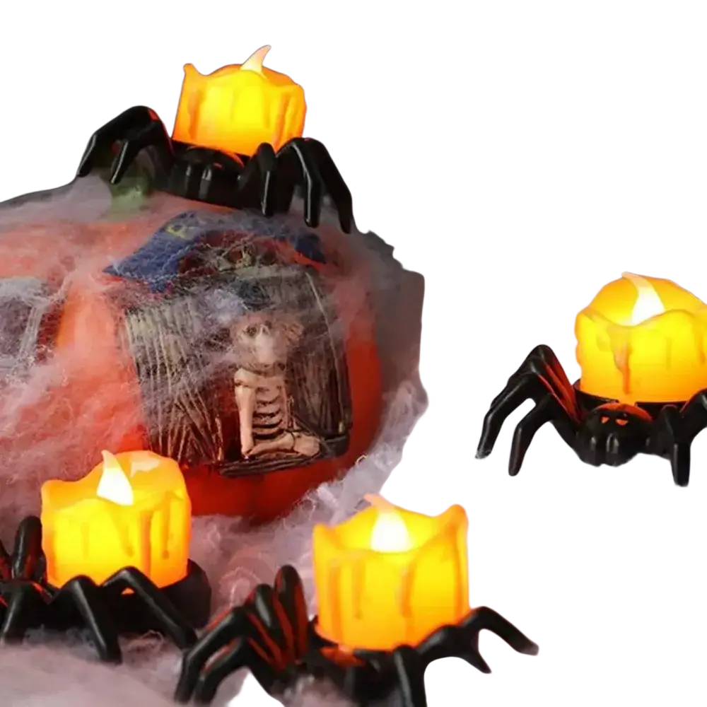 Black plastic spiders with glowing orange candle tops electronic luminous night light for party atmosphere decoration