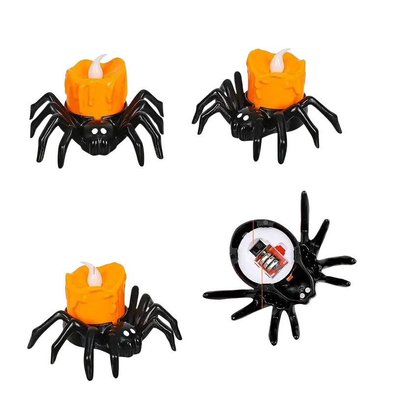 Black plastic spider-shaped candle holder with orange wax top and warm white led light for party atmosphere decoration