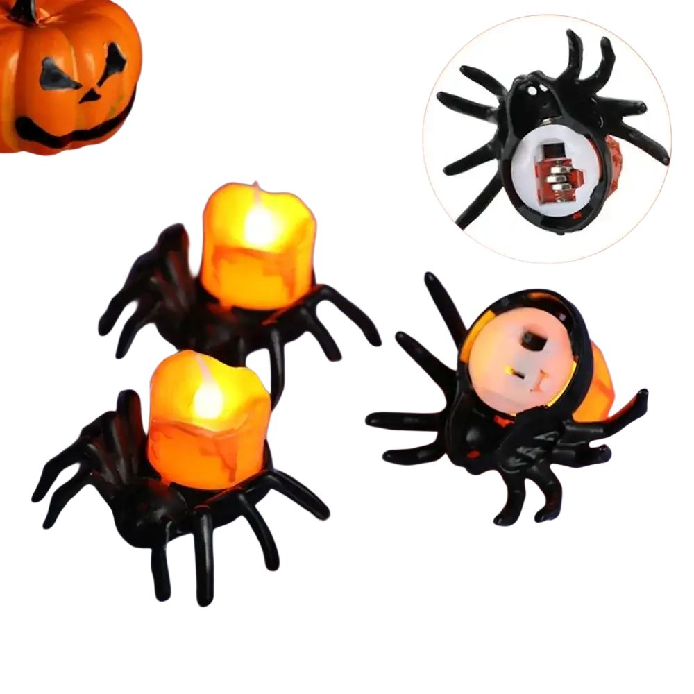 Black spider-shaped candle holders with glowing orange candles for halloween electronic luminous night party atmosphere decoration