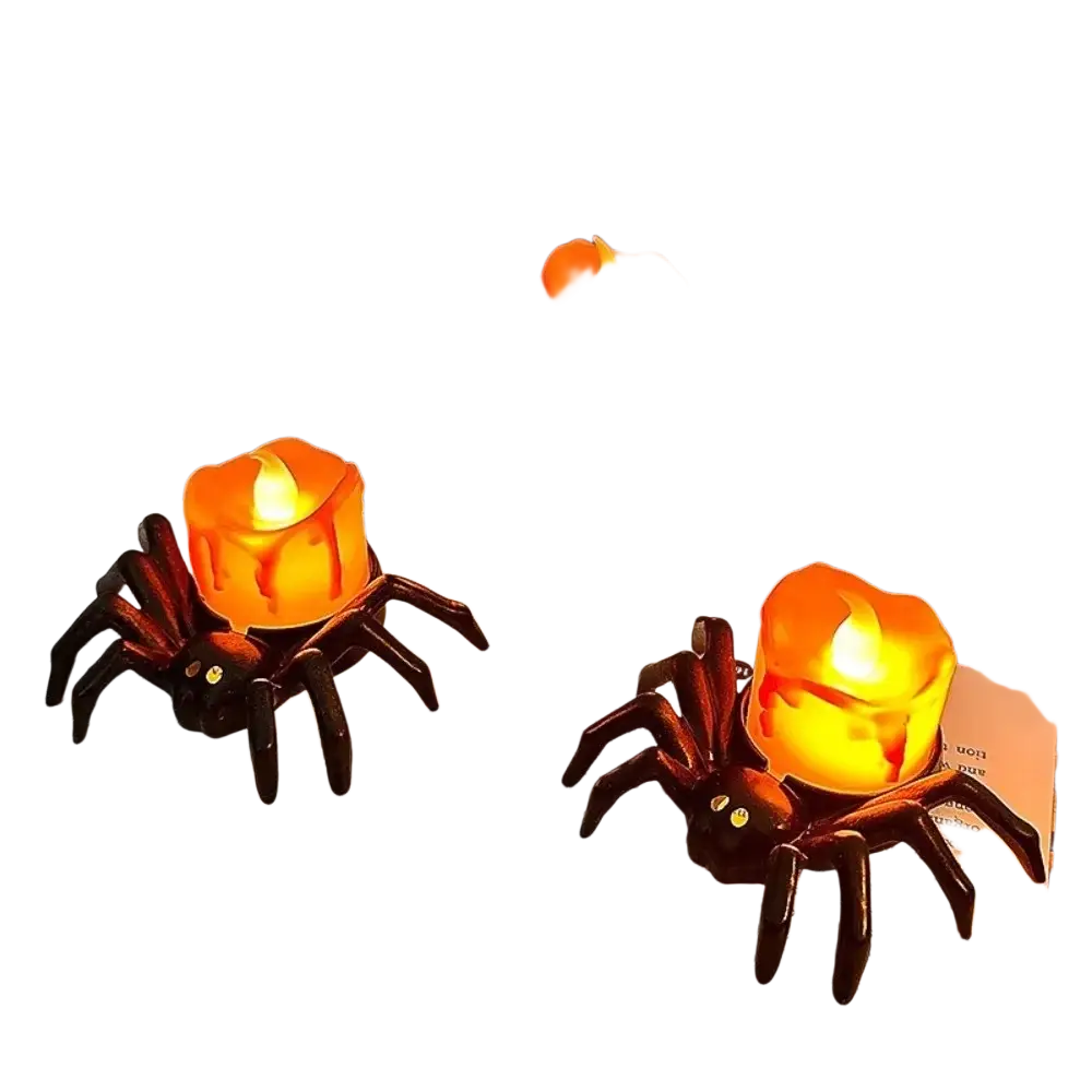 Black spider-shaped led candle holders with glowing orange flames for party atmosphere decoration and luminous night light