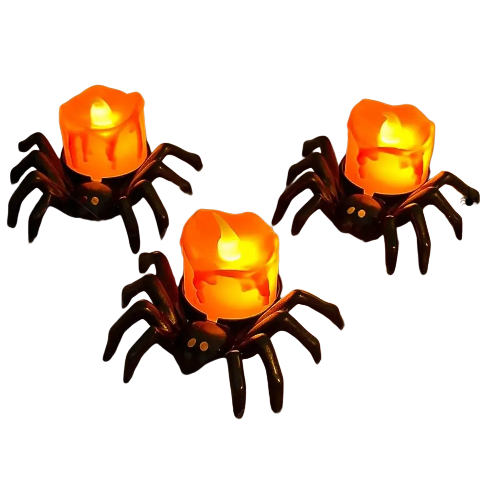 Black spider-shaped candle holders with glowing orange led candles for party atmosphere decoration luminous night light