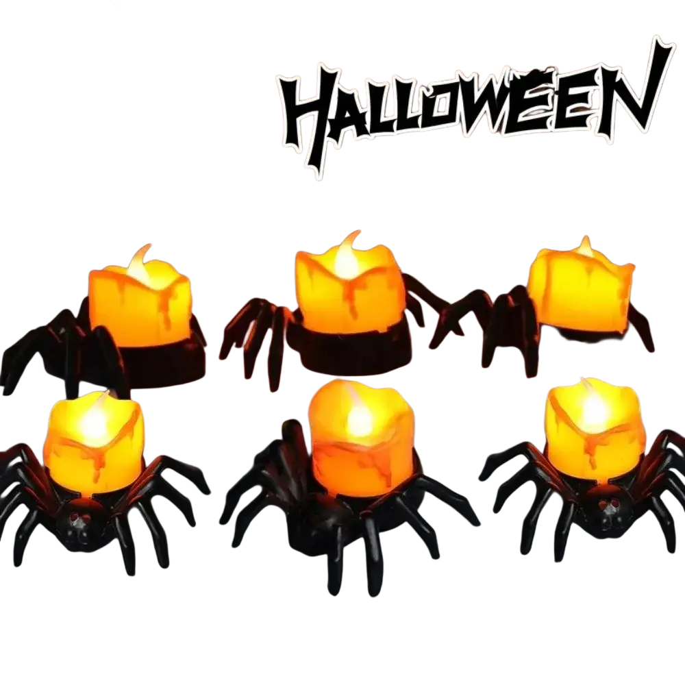 Black spider-shaped halloween candle holders with glowing orange led candles electronic luminous night party atmosphere decoration