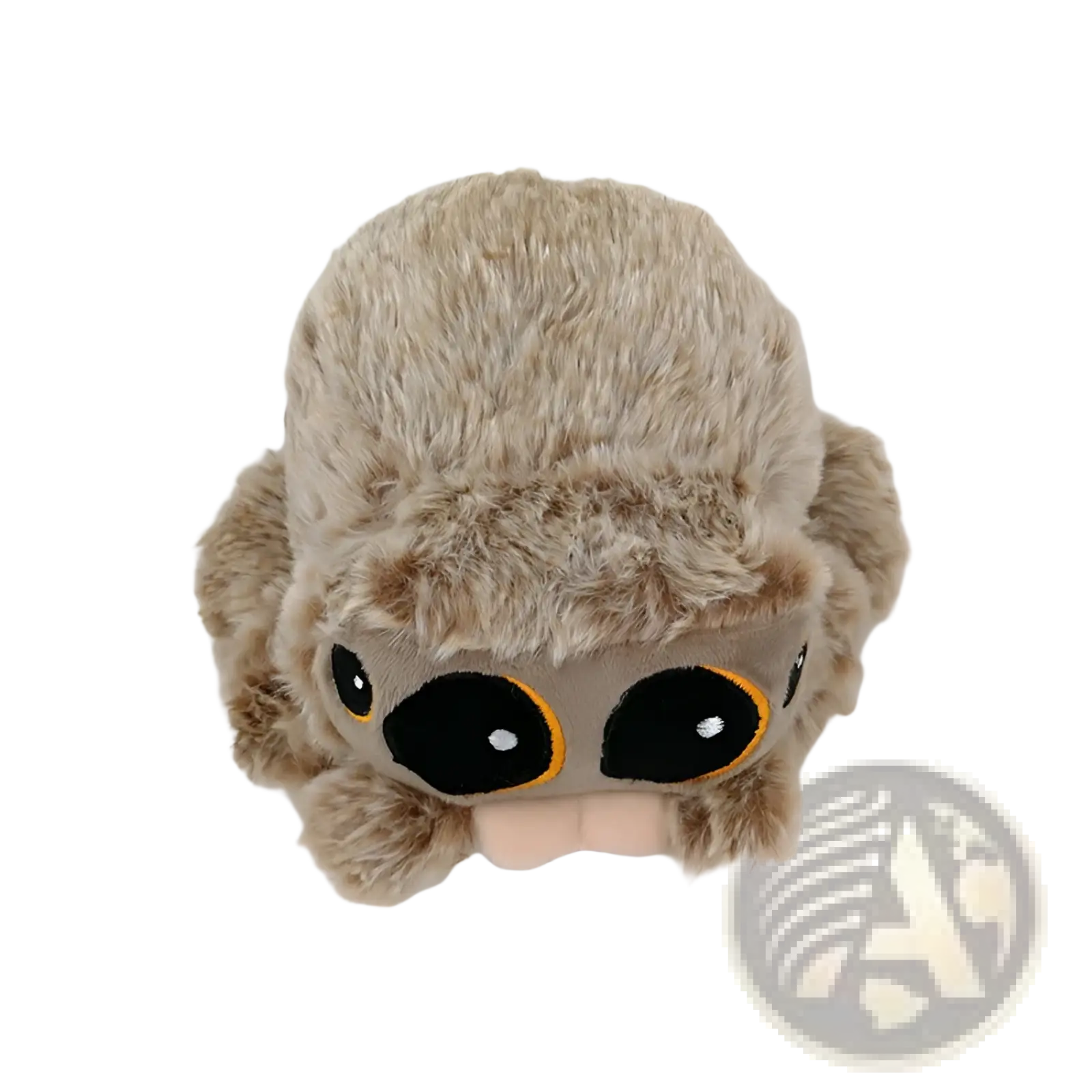A fuzzy beige spider plush toy with large black eyes outlined in orange and a soft pink mouth measuring 20cm