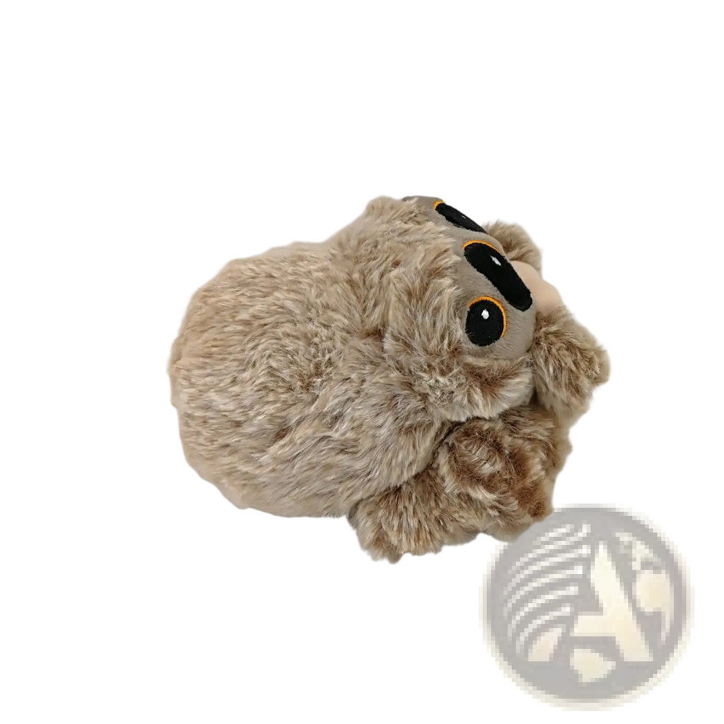 A plush fuzzy brown spider toy with large black eyes and soft textured fur from the Spider plush toy collection