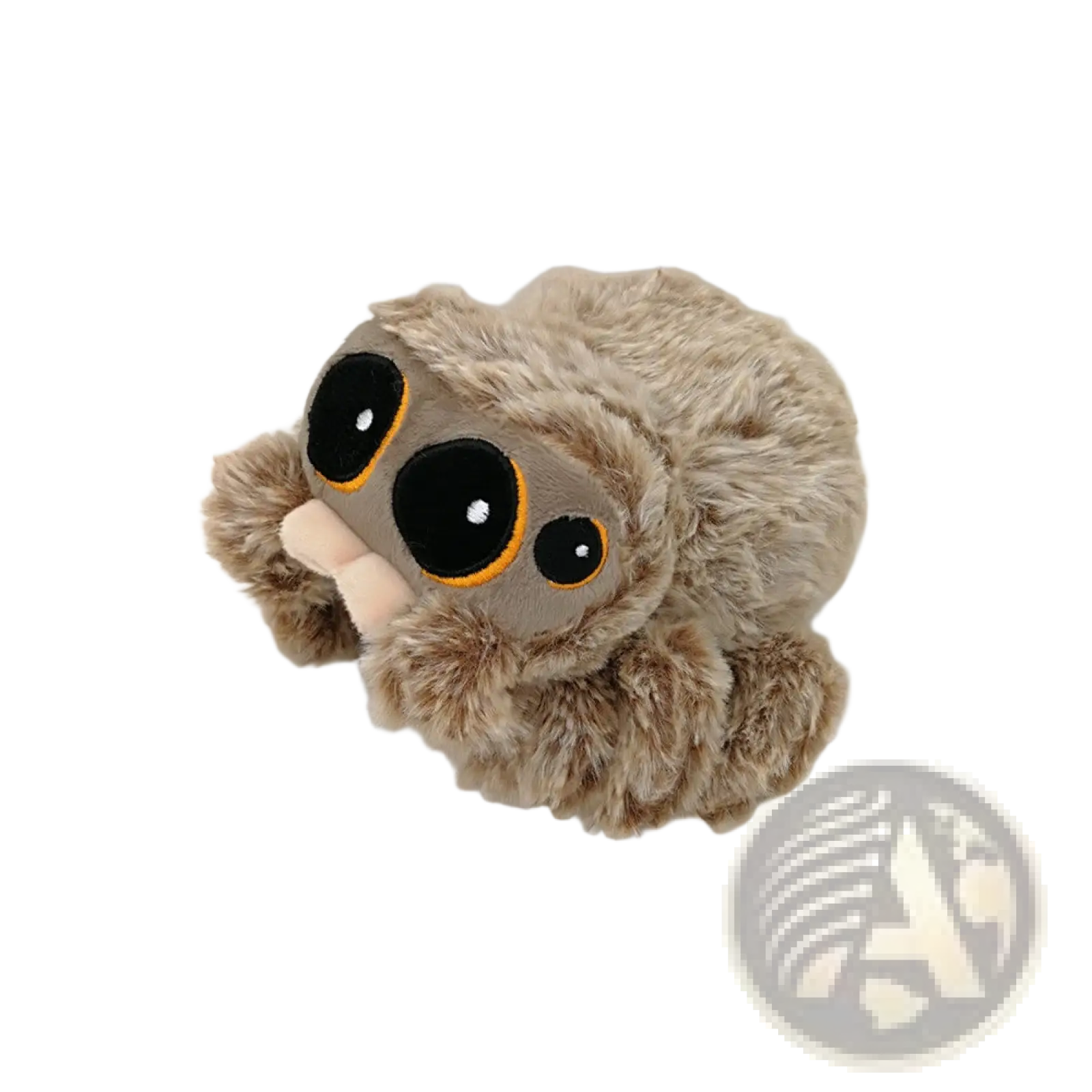 A plush spider toy 20cm with fluffy tan fur large black eyes outlined in yellow and a small pink mouth