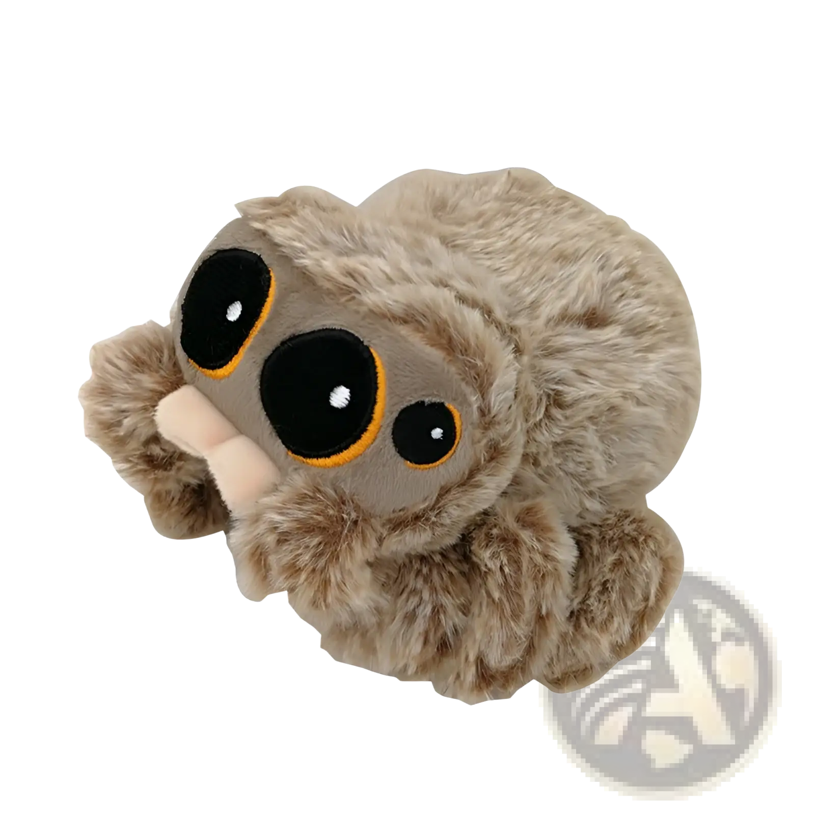A 20cm spider plush toy with fluffy tan fur oversized black eyes outlined in orange and a small pink tongue