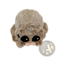 A fuzzy beige spider plush toy with large black eyes outlined in orange and a soft pink mouth 20cm tall