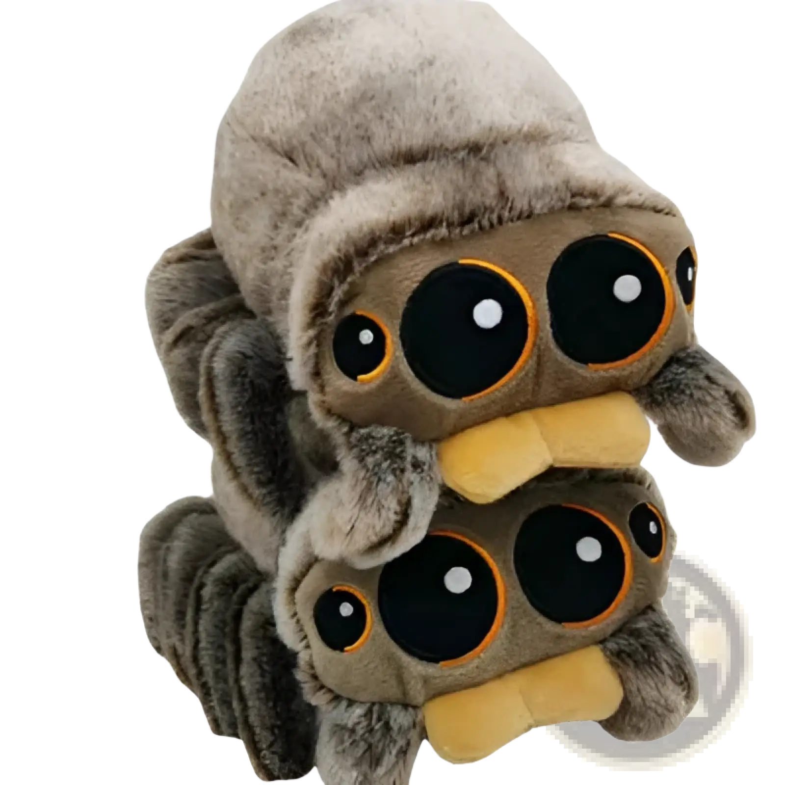 A fuzzy gray spider plush toy with three large black eyes outlined in orange and yellow facial accents 20cm tall