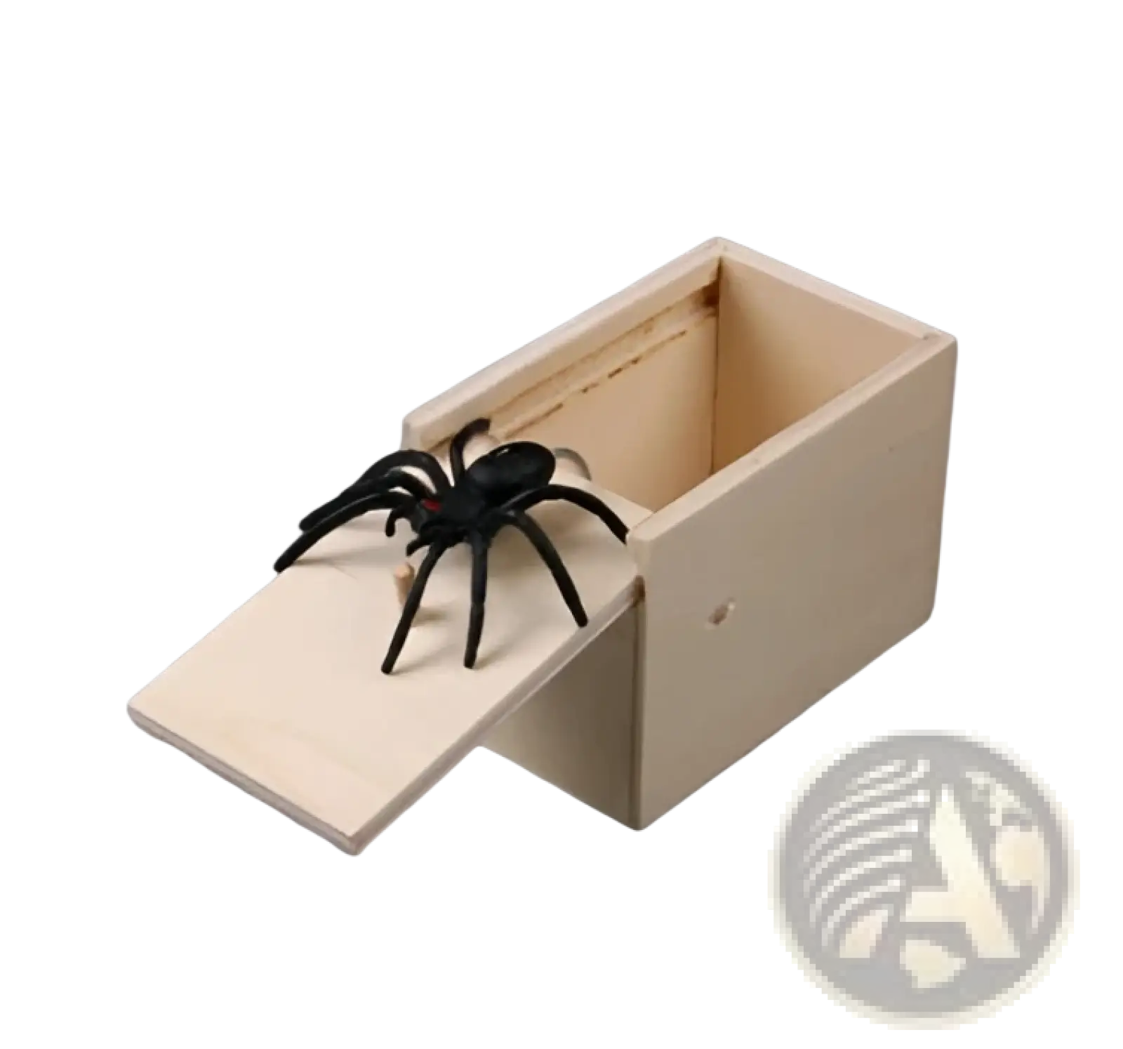 Black plastic spider toy inside a light wooden sliding box for spider prank scare box wooden trick surprise toy