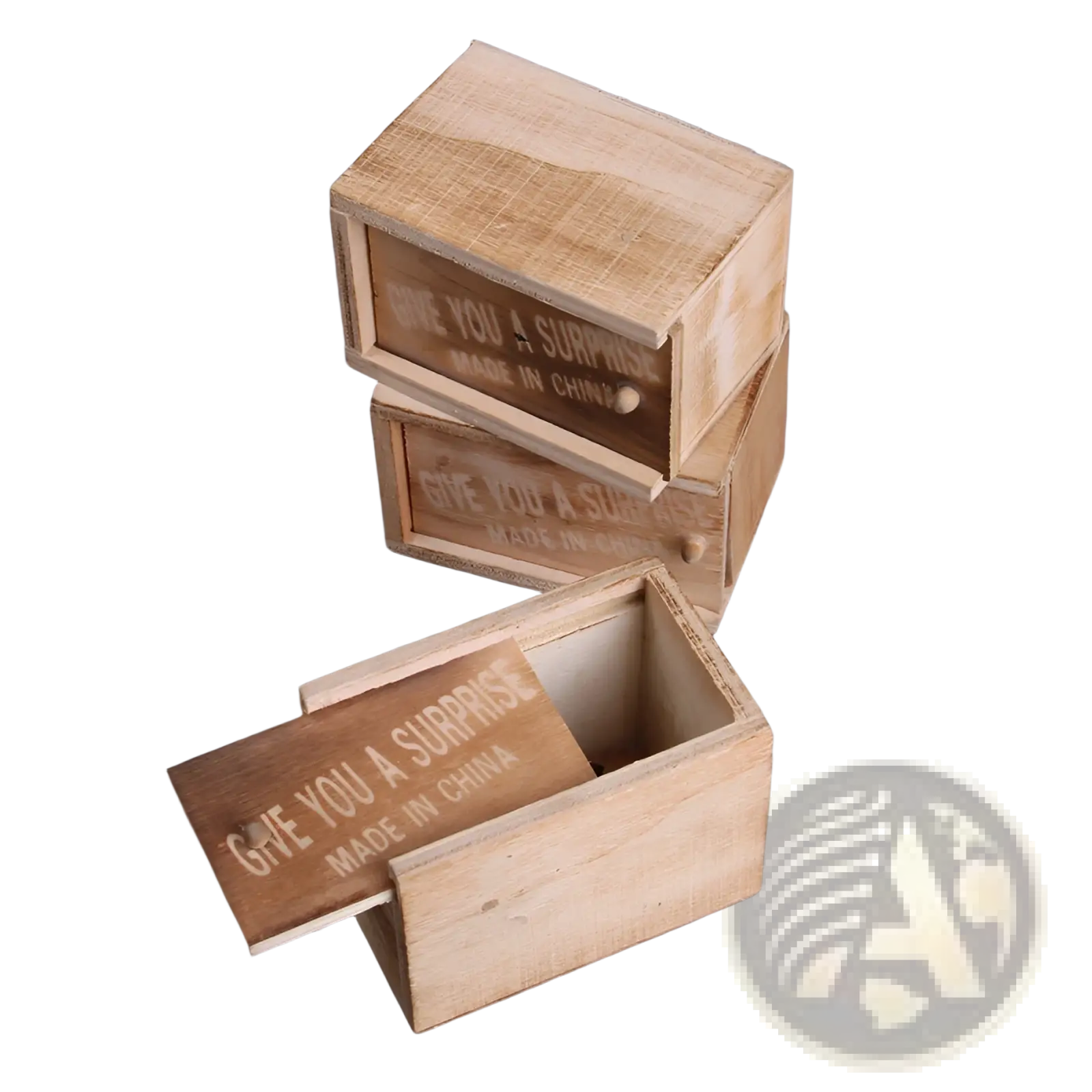 Light-colored wooden spider prank scare boxes with rustic finish and engraved text for trick surprise toy use