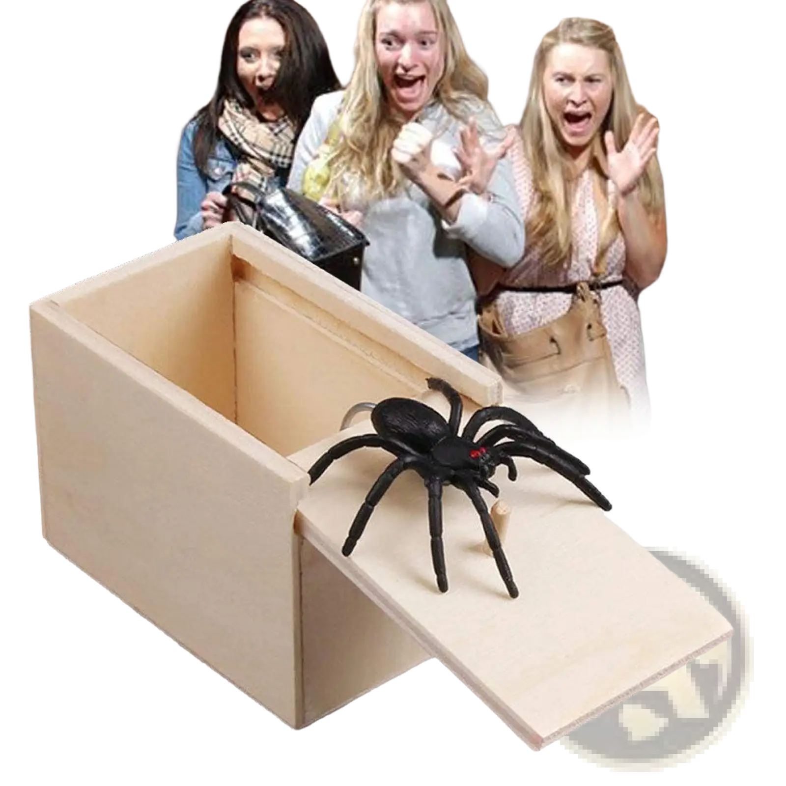 Black plastic spider with red eyes on a light wooden box in spider prank scare box wooden trick surprise toy
