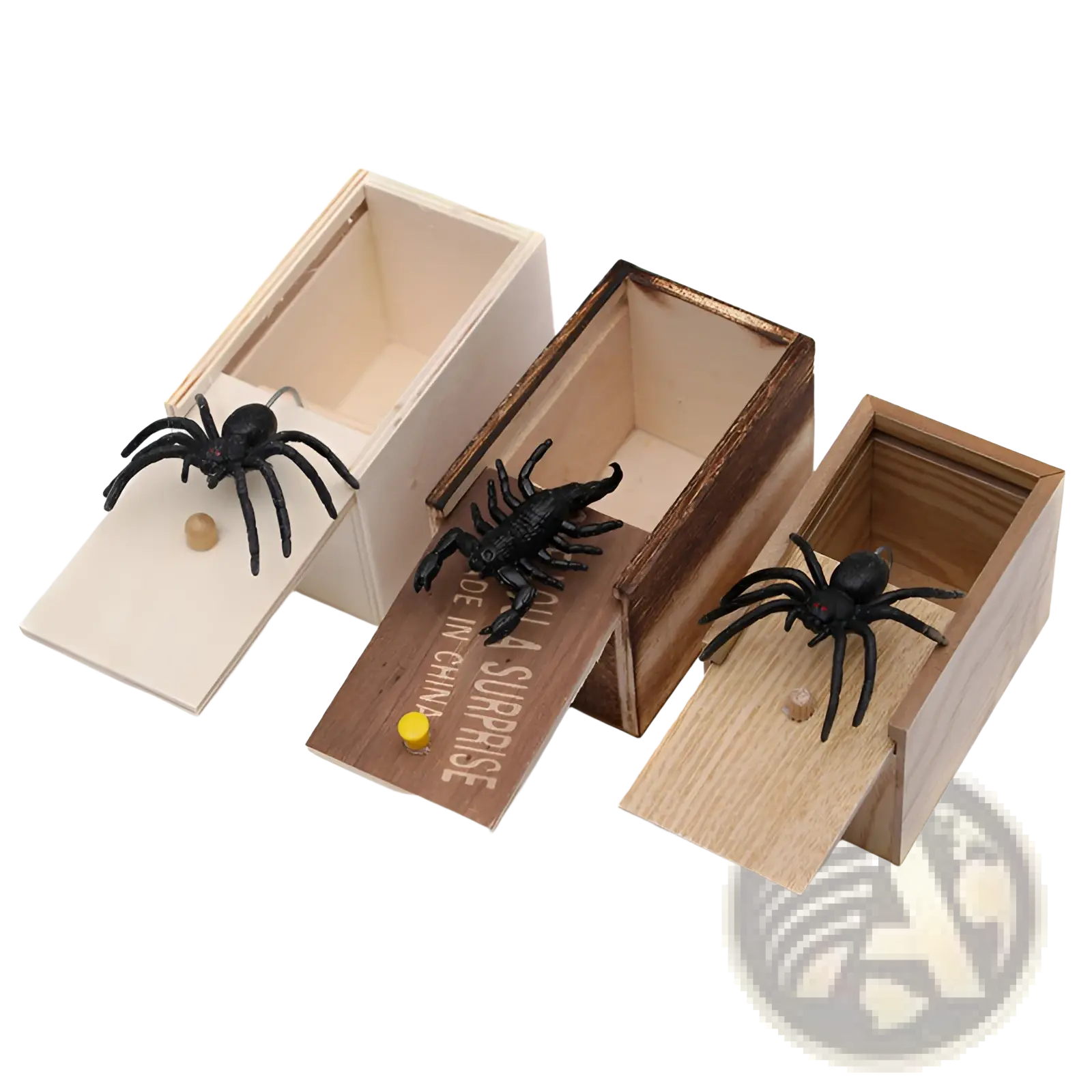 Three wooden spider prank scare boxes with black plastic spiders and scorpions on lids for surprise tricks