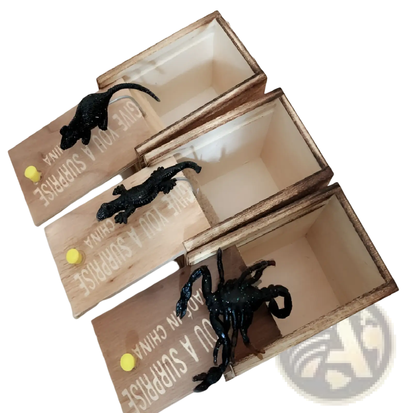 Three wooden spider prank scare boxes with clear panels and black plastic mouse alligator and scorpion figurines