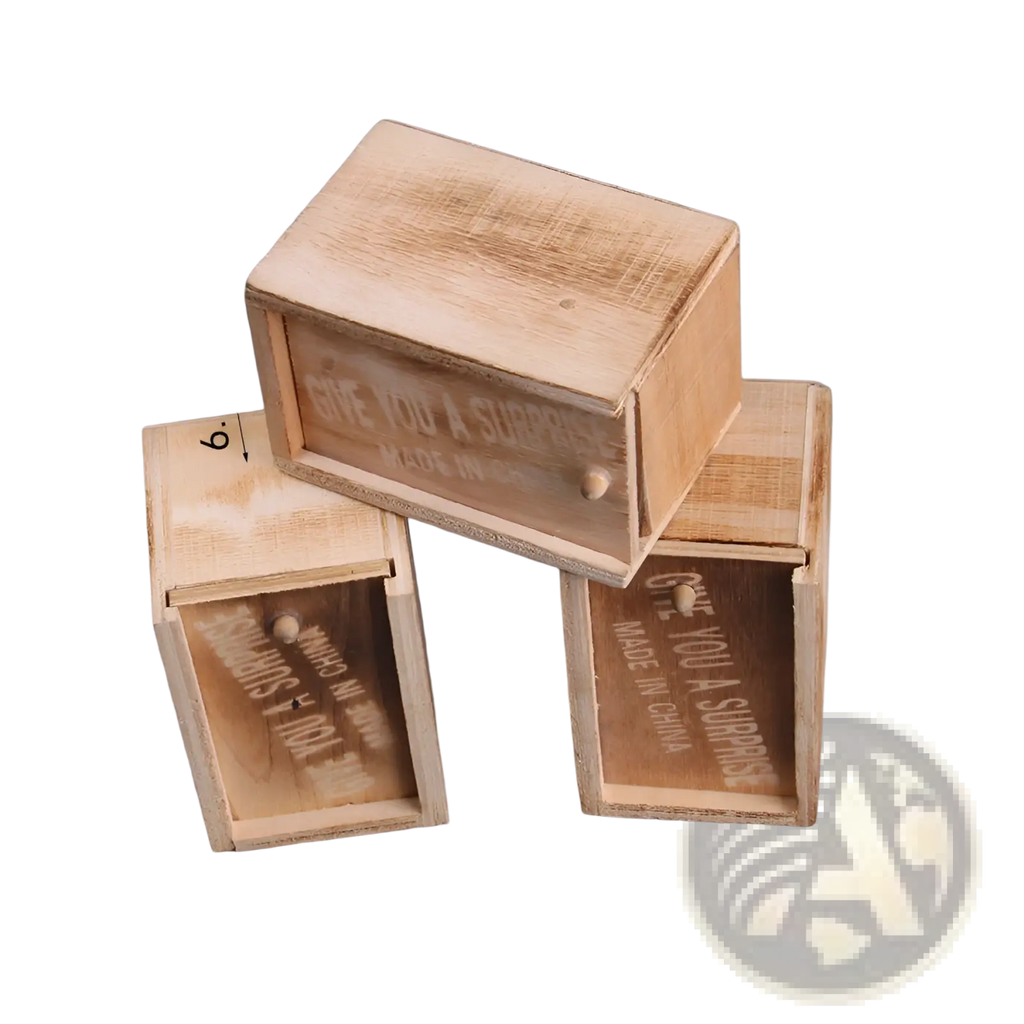 Light brown wooden mini drawers with rustic finish and engraved text give you a surprise in spider prank scare box toy