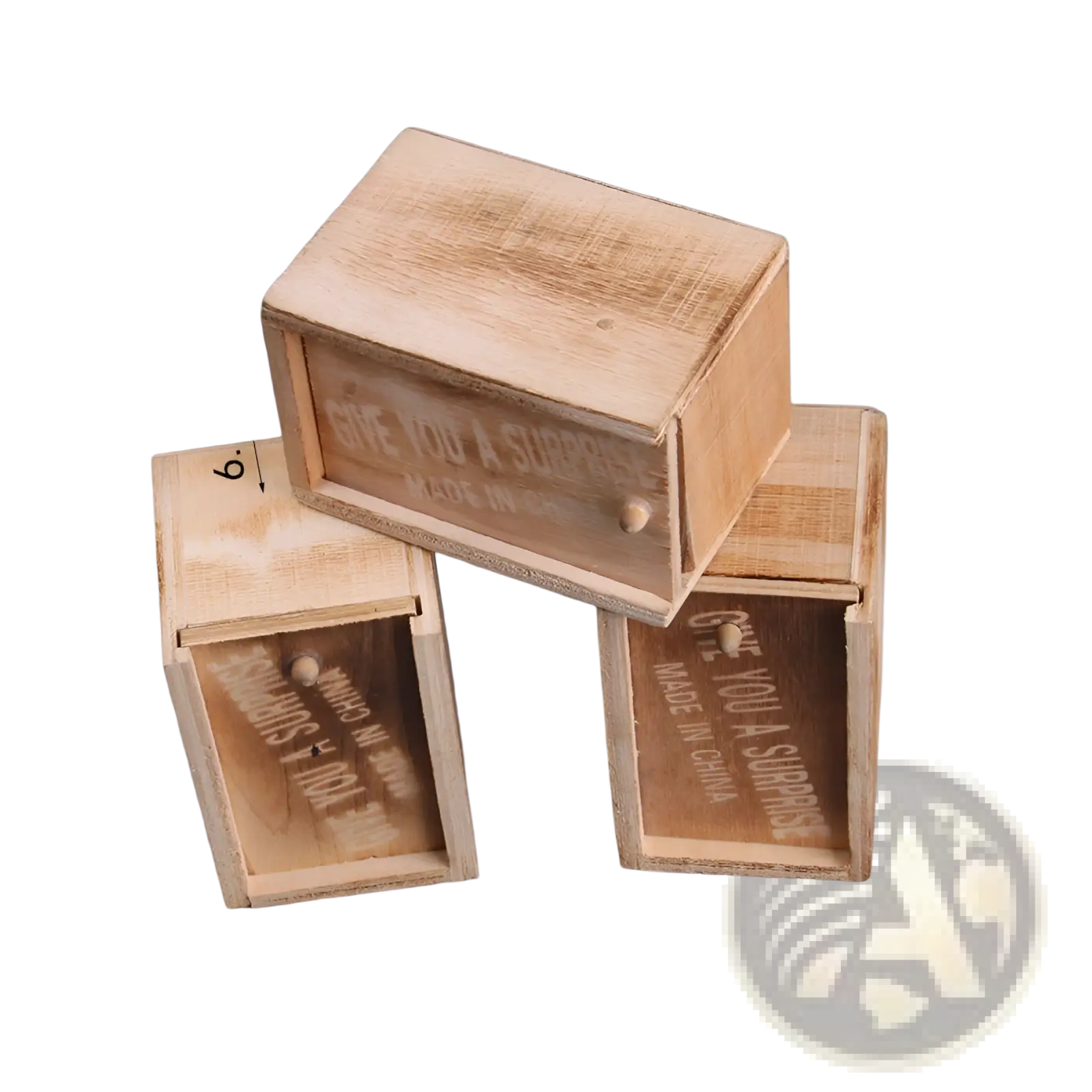 Light brown wooden mini drawers with rustic finish and engraved text give you a surprise in spider prank scare box toy