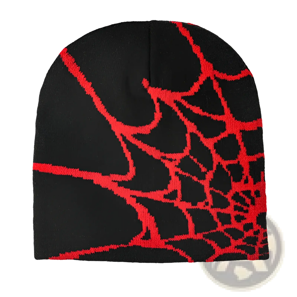 Black knit beanie winter hat featuring a bold red spiderweb pattern on the front side