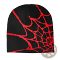 Black knit beanie winter hat featuring a bold red spiderweb pattern on the front side