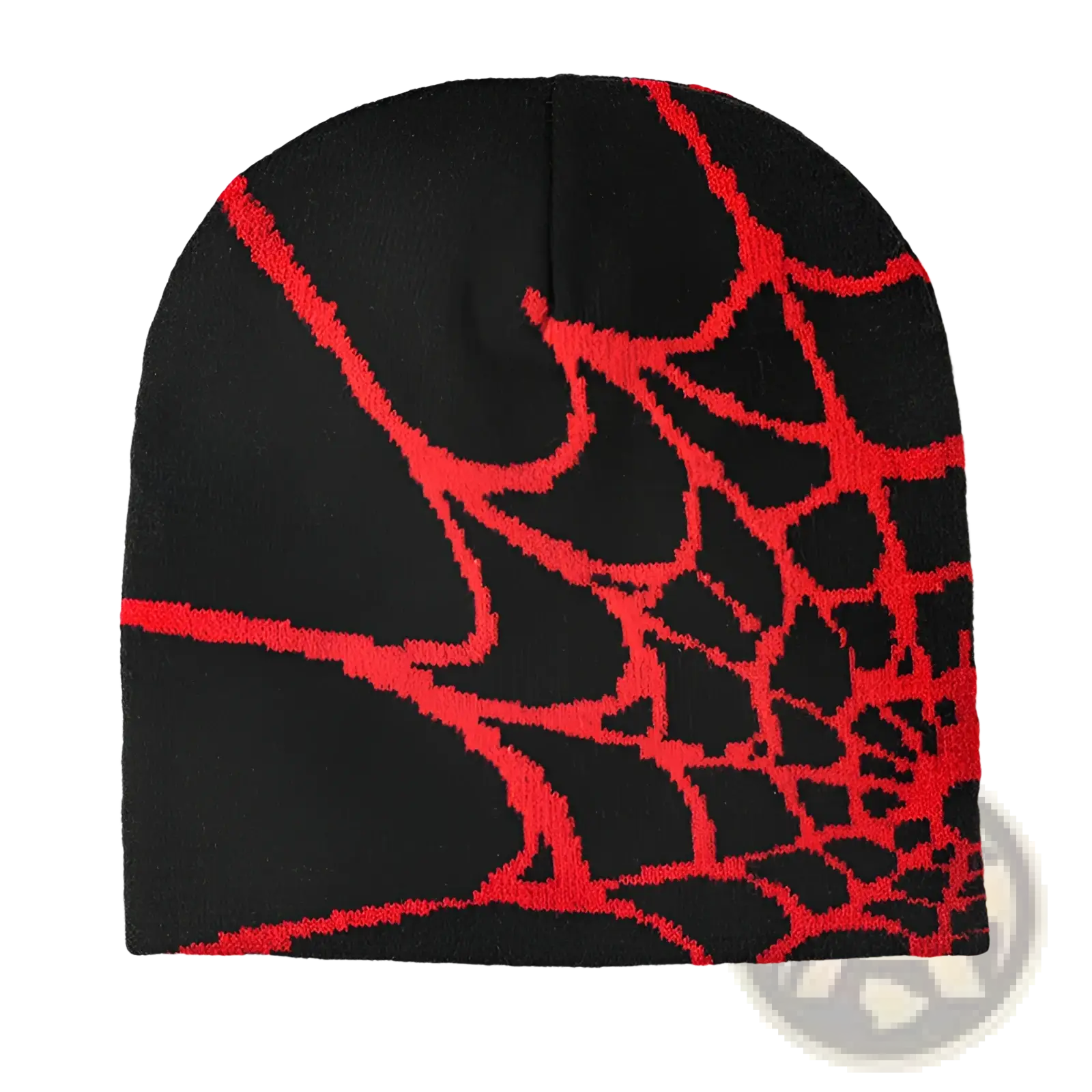 Black knit beanie winter hat featuring a bold red spiderweb pattern on the front side