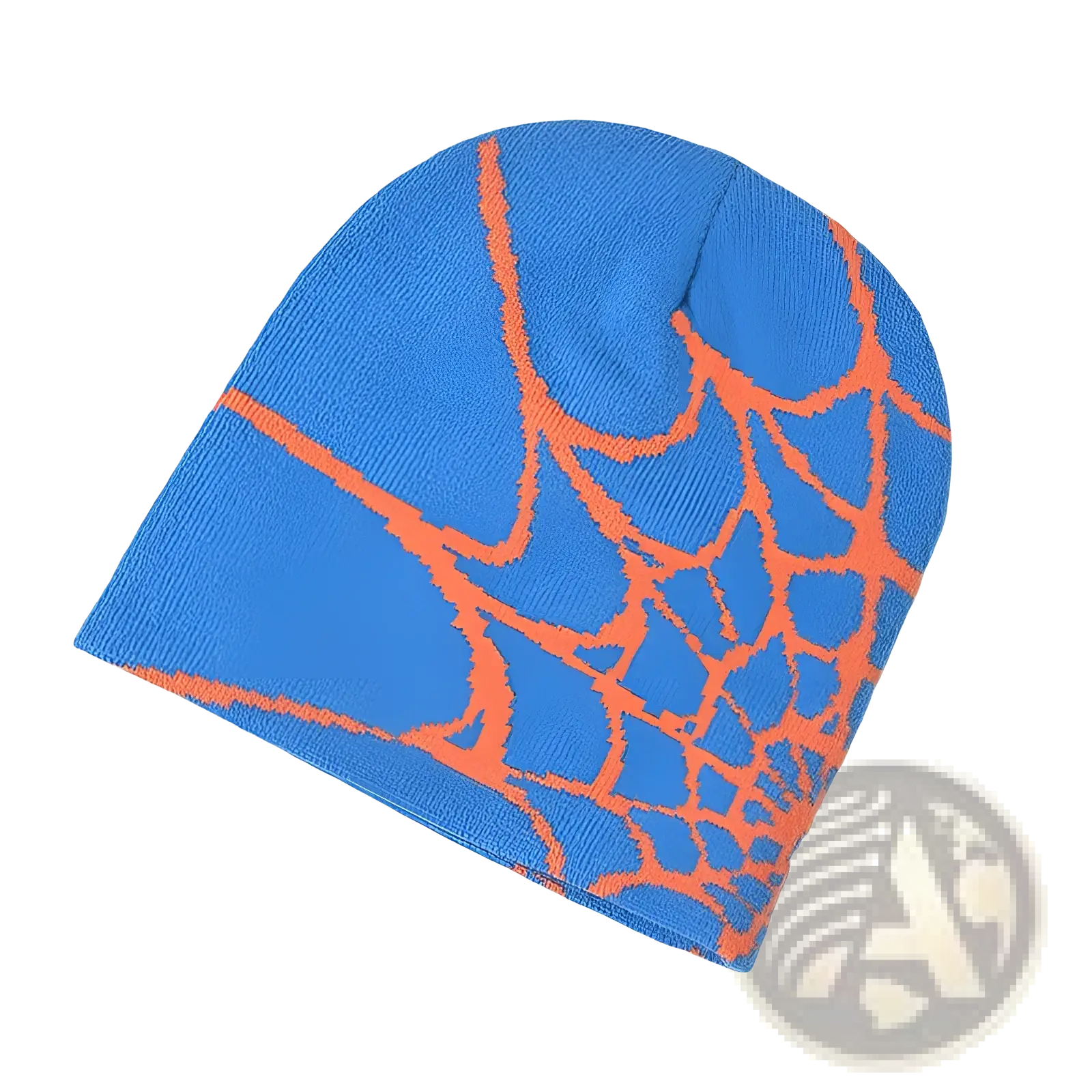 Blue knit spiderweb beanie winter hat featuring an orange spiderweb pattern ideal for cold weather wear