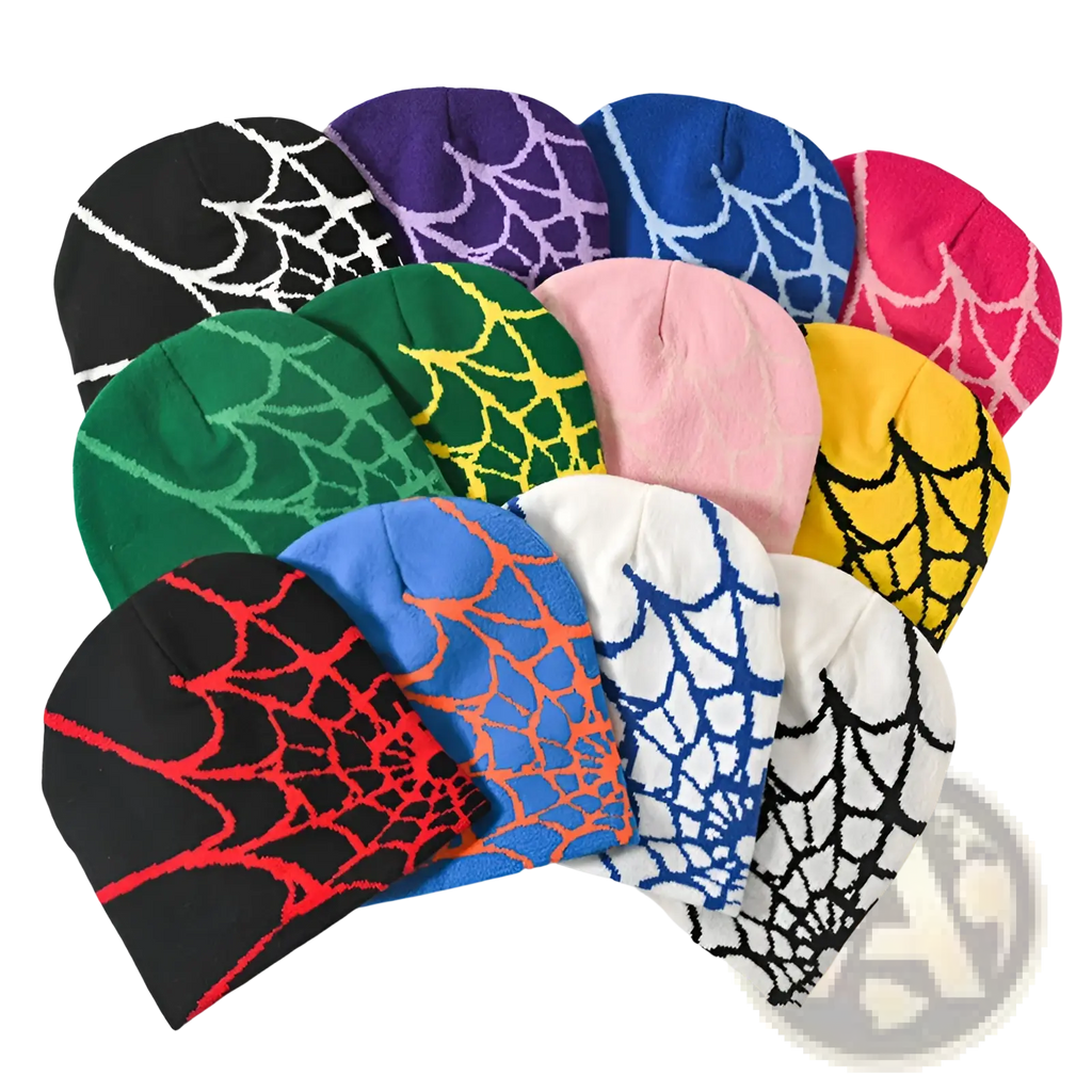 A collection of colorful spiderweb knit beanie winter hats featuring bold contrasting patterns in various color combinations