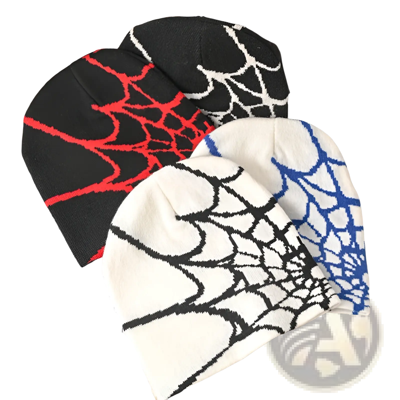 Three knitted Spiderweb knit beanie winter hats in black, red, and blue on contrasting backgrounds