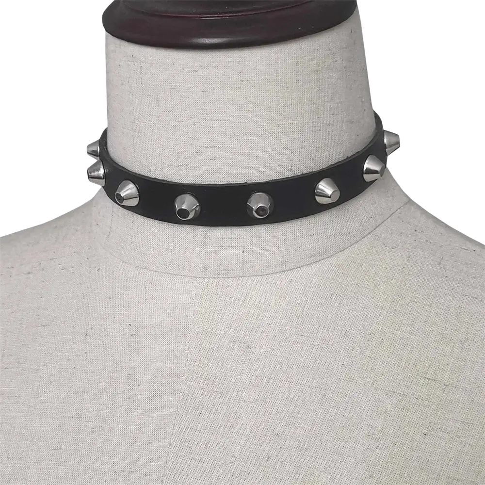 Black leather spike choker punk collar with silver-toned metal spikes perfect for party night party and gothic style