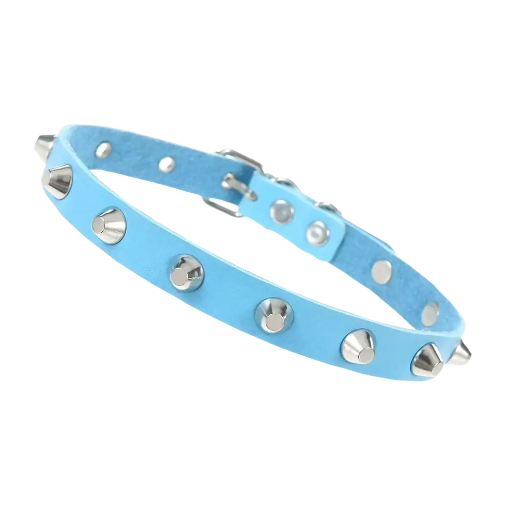 Light blue leather spike choker punk collar with silver spikes and buckle for party night party or gothic style