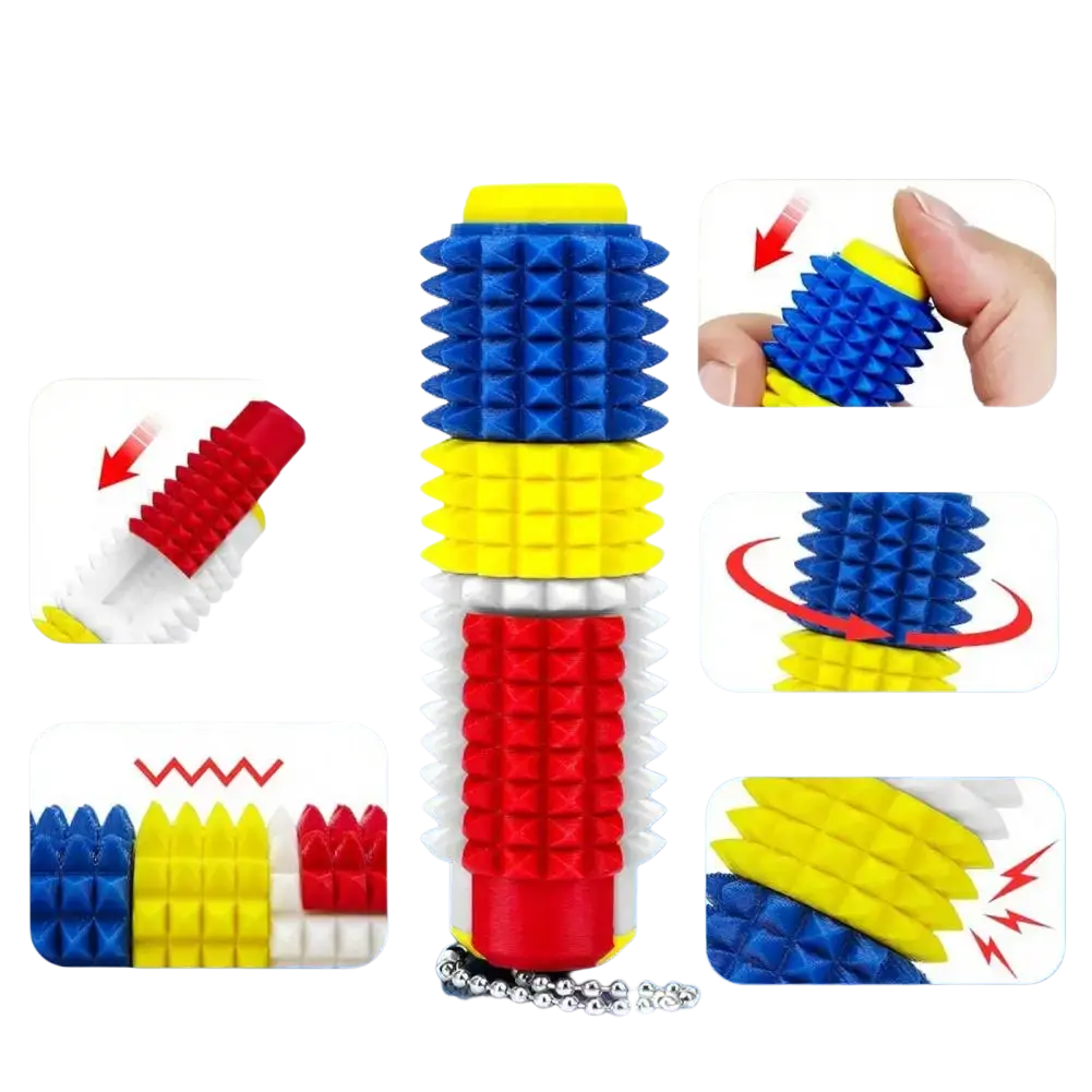 Blue yellow and red segmented foam spiked fidget roller with textured spikes for stress relief and pain relief