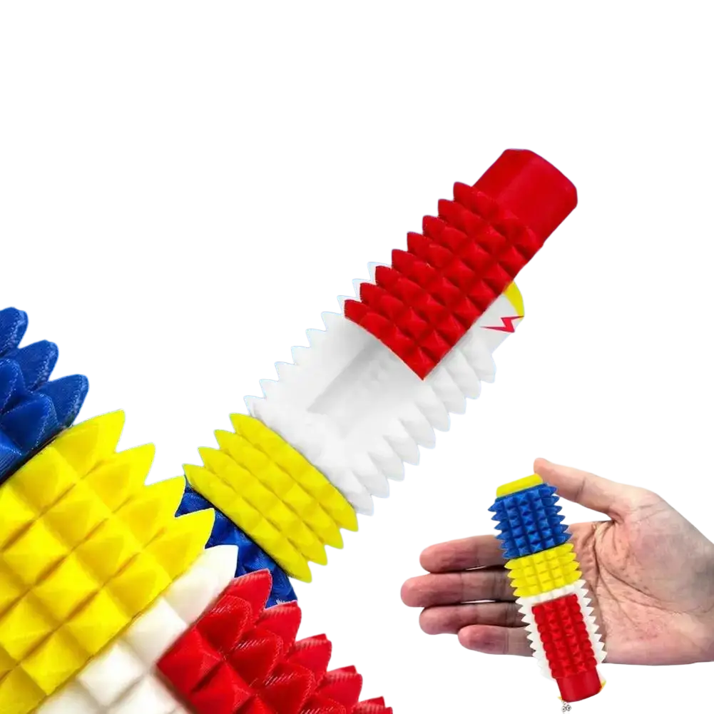 A colorful spiked fidget roller 5-in-1 stress relief toy with red white yellow and blue plastic segmented design