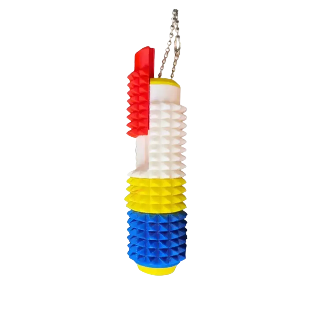 Colorful spiked fidget roller with red white yellow and blue sections and silver chain for stress relief and fidget toy use