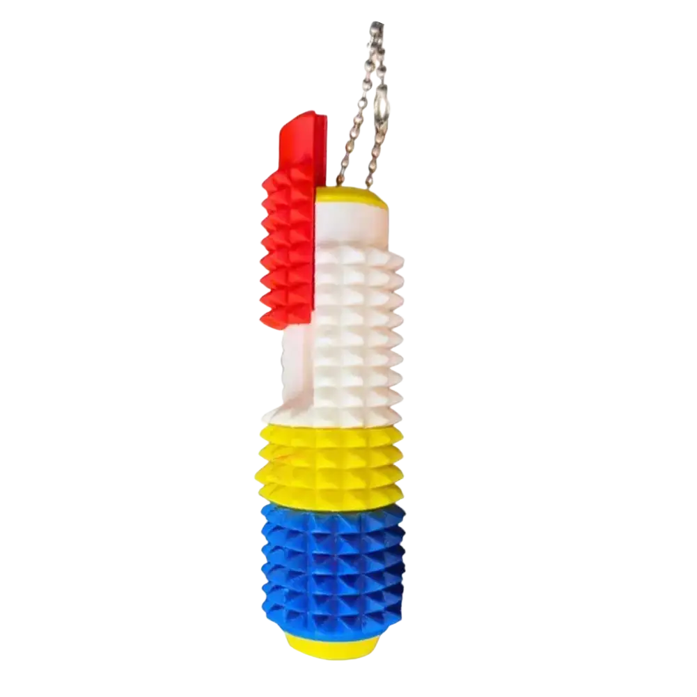 Colorful plastic spiked fidget roller with red, white, yellow, and blue segments for stress relief and fidgeting
